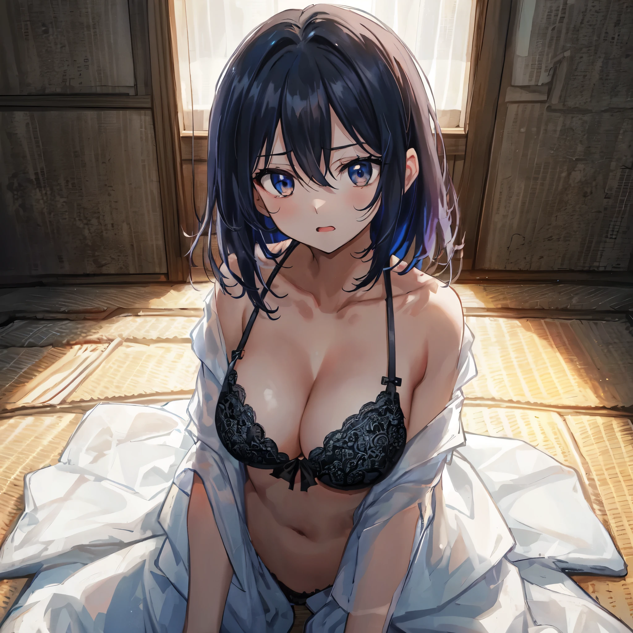 {{{dynamic angle}}},{{{beautiful large and medium size breasts 1:4}}},{{{{masterpiece,best quality,illustration}}},{{beautiful eye1:4}},tatami,narrow and clean eyes,{{Bra cleavage visible through loose white T-shirt}},{{leaning forward}},crawl on all fours,cleavage,look away,Burachira,{{{black bra}}},medium ponytail hair,high school girl,medium hair,,shyness,(Photoreal:1.4),{{calf white socks}},{{thin and beautiful eyes}},{{wide angle}},{{blue hair}},{{{white dress shirt,blue black blazer,}}},{{{Actual photo 1:3}}},{{droopy eyes}},{{100 layers}},{{high quality eyes}},{{middle hair}},{{Calf Socks}}, {{asymmetrical bangs}},{{amount}},super dense skin,thin eyebrows