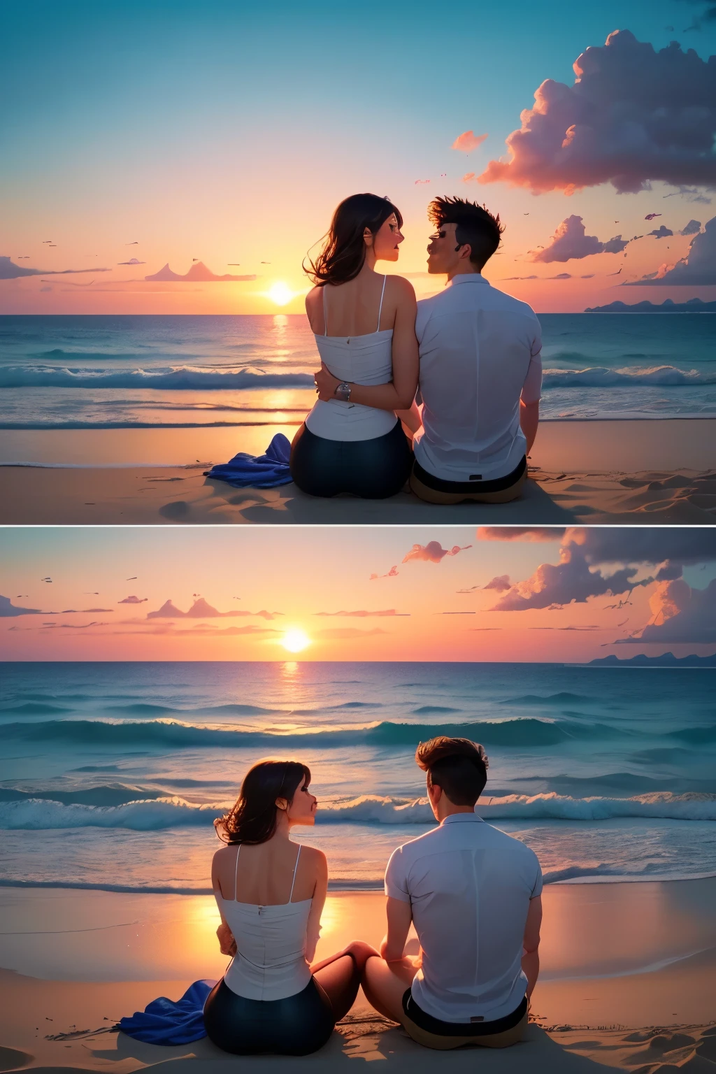 You could make an image of a couple together watching the sunset on the beach but with everything animated and with very striking colors that represent love. Lastly, the couple should be sitting with the background but the couple should not be seen much, but rather more like the furthest background