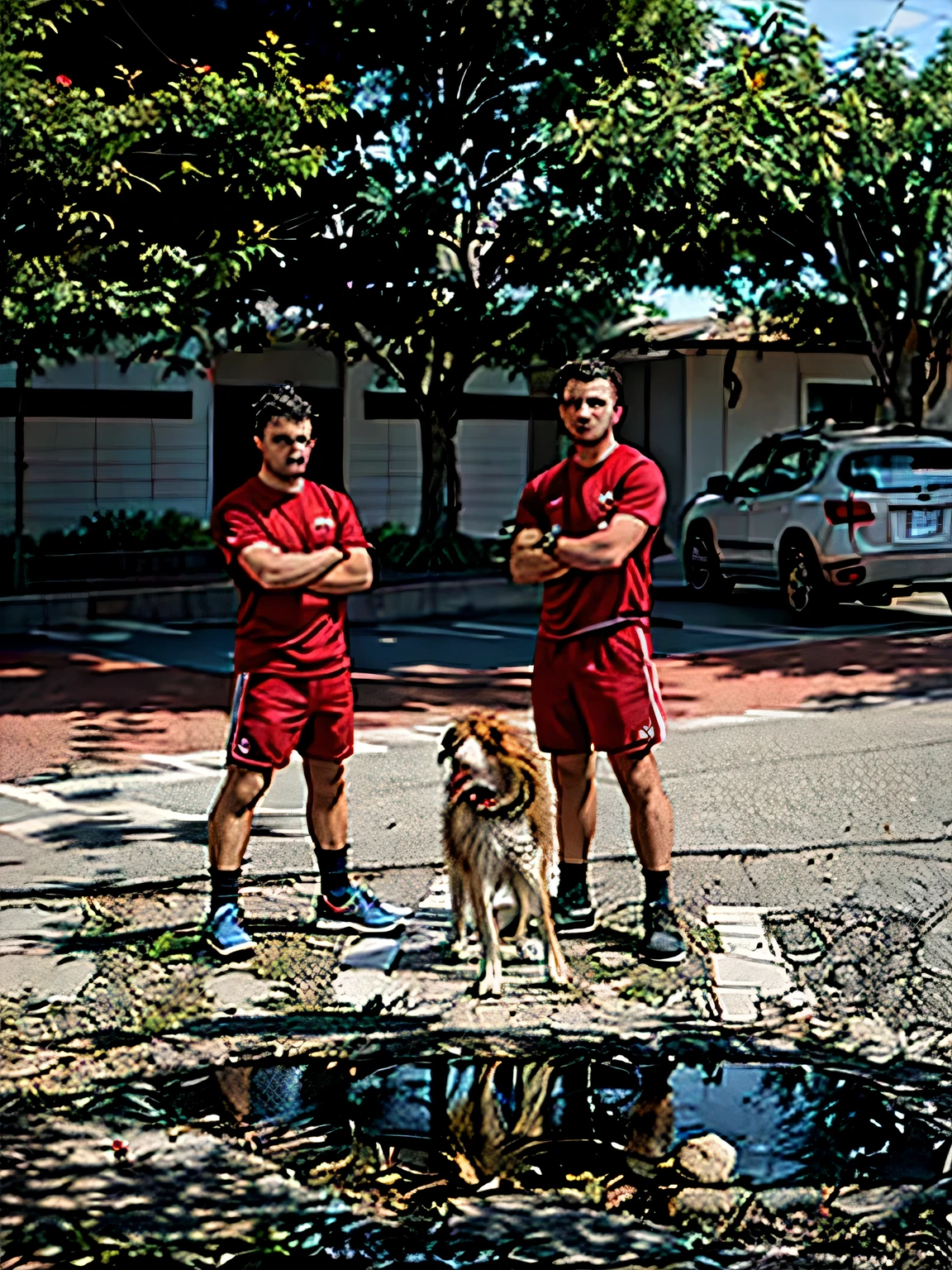 there are two men in red shirts standing in a parking lot, esporte, with stray dogs, guardas. Anime, realistic animation