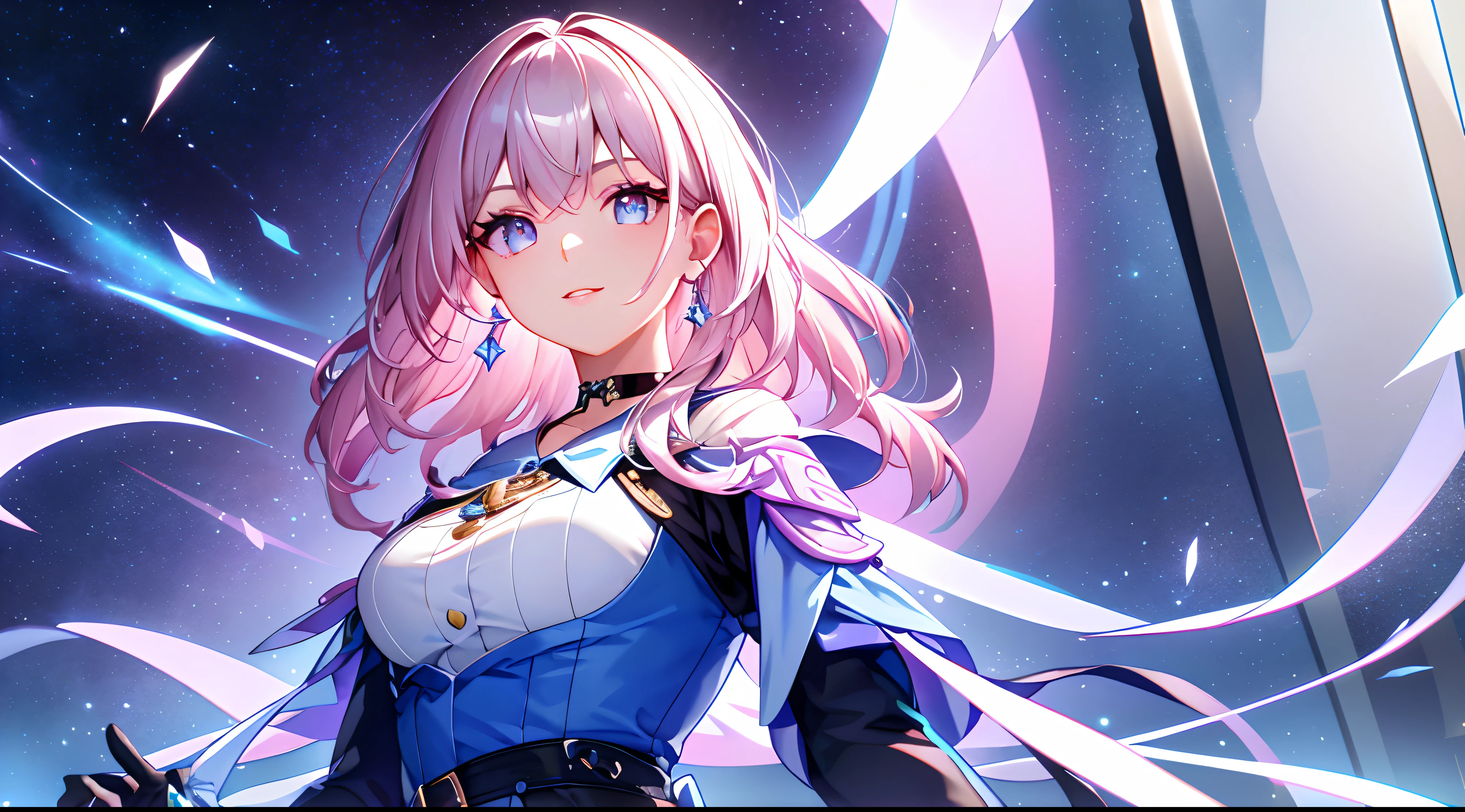 Marhd, Mards, 1girl, solo, skirt, gloves, earrings, jewelry, bangs, blue eyes, pink eyes, black gloves, long sleeves, blue skirt, choker, fingerless gloves, white shirt, hair between eyes, short hair, single glove, pleated skirt, partially fingerless gloves, purple eyes, jacket, multicolored eyes, (masterpiece:1.6, best quality), (finely detailed beautiful eyes: 1.2), ultra-detailed, illustration,beautiful detailed eyes,