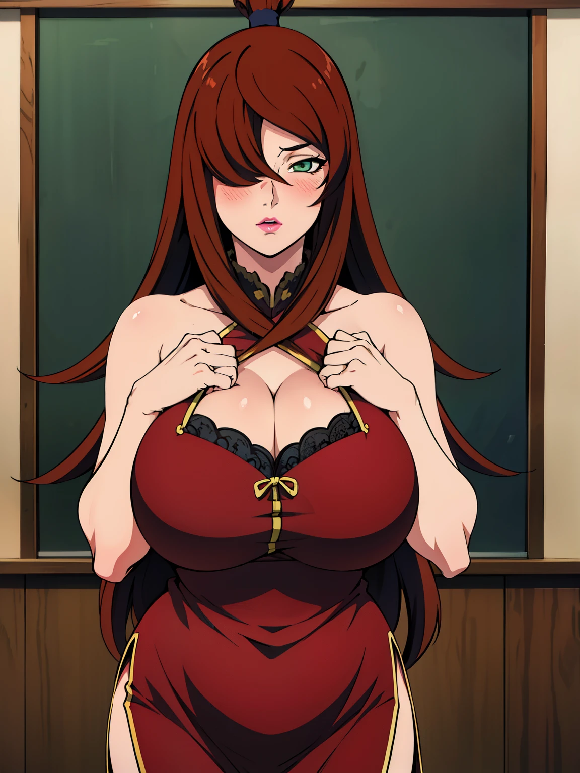 standing pose, Red dress, chinese clothes, cleavage cutout, clothing cutout, bare shoulders, semi-rimless eyewear, (at classroom), (classroom background), mei terumi, solo, takeda hiromitsu style, anime cels style, best quality, high resolution, (huge breasts:1.3), cowboy shot, blush, (puckered up lips), slim body, long hair, brown hair, green eyes, ((hair over one eye)), pink lipstick