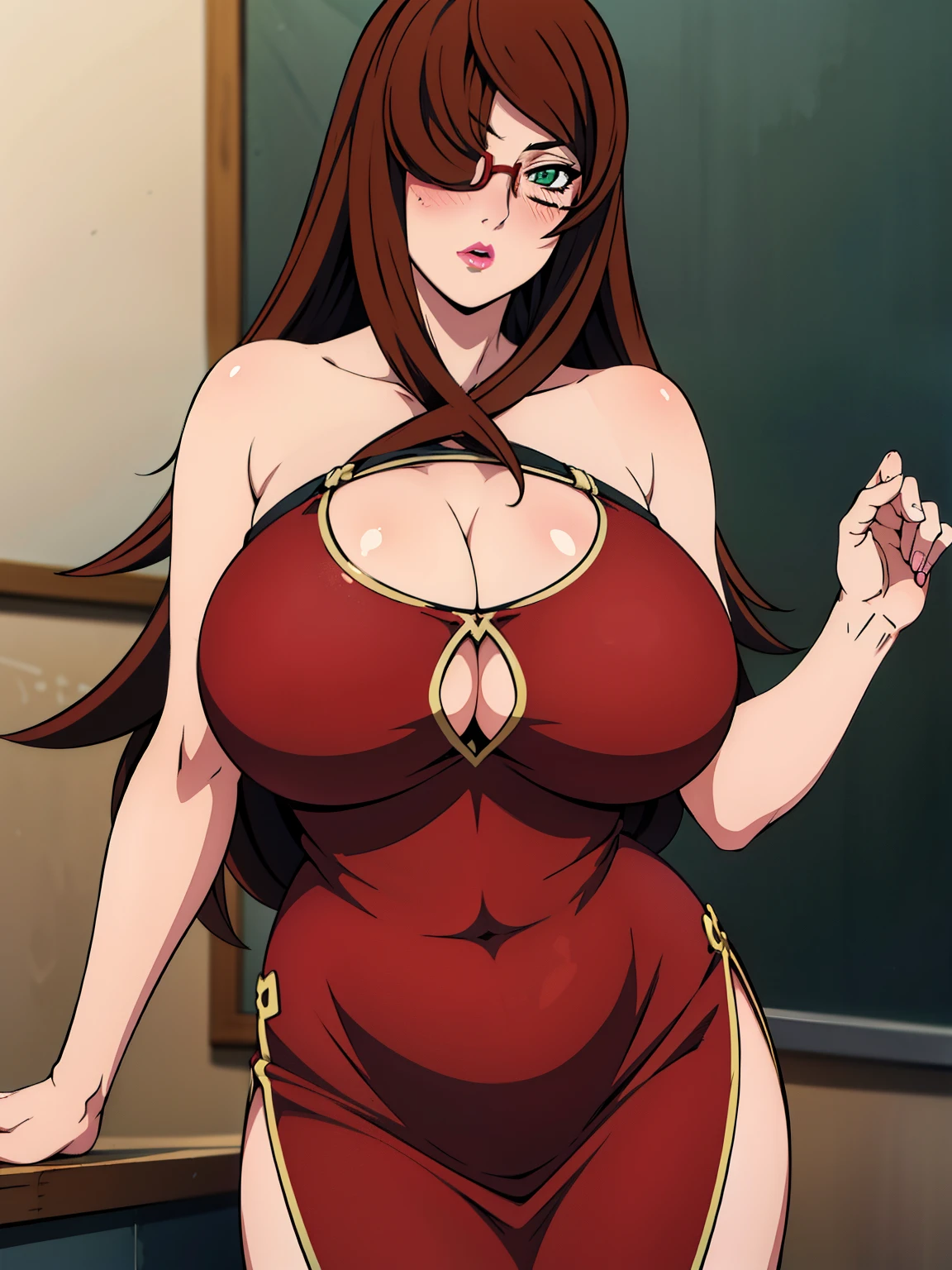 standing pose, Red dress, chinese clothes, cleavage cutout, clothing cutout, bare shoulders, semi-rimless eyewear, (at classroom), (classroom background), mei terumi, solo, takeda hiromitsu style, anime cels style, best quality, high resolution, (huge breasts:1.3), cowboy shot, blush, (puckered up lips), slim body, long hair, brown hair, green eyes, ((hair over one eye)), pink lipstick