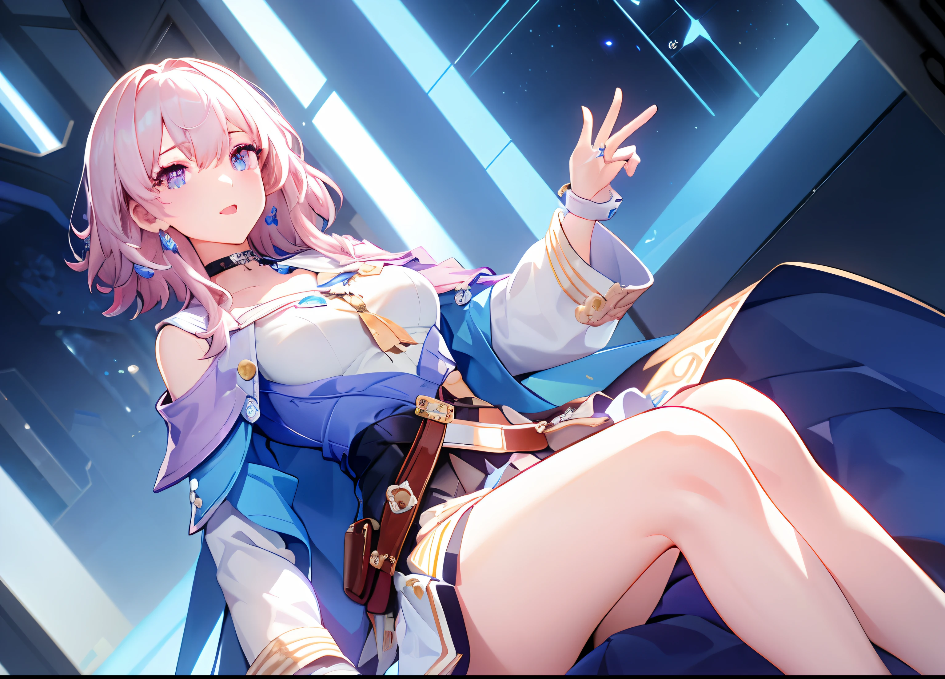 Marhd, Mards, 1girl, solo, skirt, gloves, earrings, jewelry, bangs, blue eyes, pink eyes, black gloves, long sleeves, blue skirt, choker, fingerless gloves, white shirt, hair between eyes, short hair, single glove, pleated skirt, partially fingerless gloves, purple eyes, jacket, multicolored eyes, (masterpiece:1.6, best quality), (finely detailed beautiful eyes: 1.2), ultra-detailed, illustration,beautiful detailed eyes, lying,embarrassed,shy