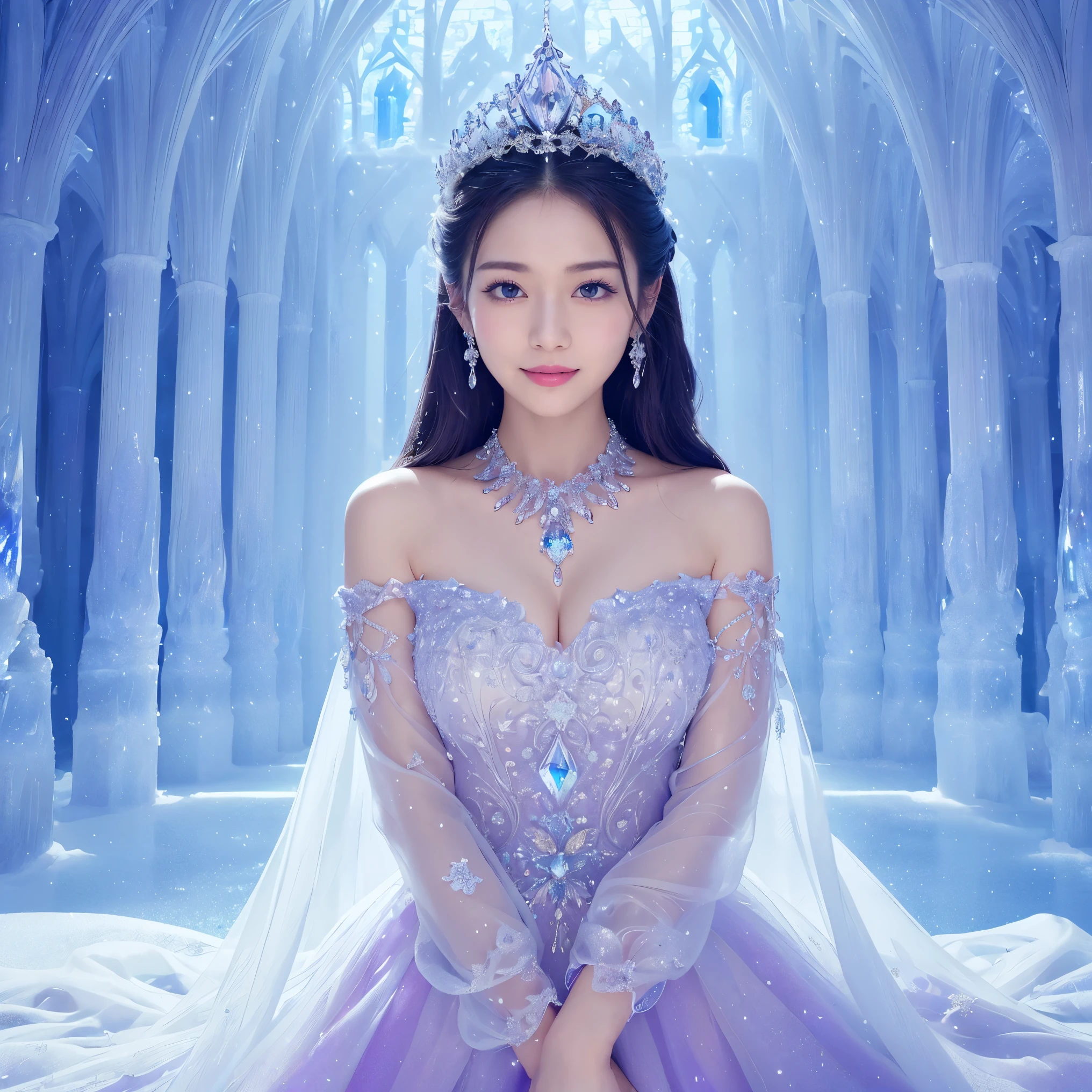 (masterpiece、highest quality、best image quality、8K、Award-winning work)、one goddess、(The most extravagant, sparkling, high-end gigantic costume:1.1)、(The most luxurious and highest quality giant tiara:1.1)、(The most luxurious and highest quality giant necklace:1.1)、(Beautiful purple and white gradation finest goddess costume:1.2)、(A goddess costume decorated with the finest decorations that shines in purple and white.:1.1)、(Finest goddess costume with perfect purple and white gradation:1.1)、upper body photo、(the best smile looking at me:1.2)、big breasts、Beautiful transparent sleeves of the highest quality、(Finest transparent sleeves with jewel decoration:1.1)、expose one's shoulders、Standing gracefully、(The most luxurious palace background made of ice:1.4)、(The most elaborate and luxurious ice palace cathedral:1.3)、(Inside the most mysterious giant palace made of ice:1.4)、(The most beautiful cathedral made of crystal clear ice:1.4)、(beautiful transparent ice:1.1)、(Mysterious fairy tale light blue fog:1.15)、The background is a detailed ice palace、beautiful ice ceiling、(Palace interior background made of intricately shining transparent ice:1.4)、(Elegant palace pillars made of ice:1.05)、the most intricate and luxurious decoration、(large amount of jewelry decoration:1.1)、最もComplex and detailed background、(It's snowing:1.1)、fine sparkling snow、(Tyndall effect:1.1)、Subtle sparkling snow、epic movie lighting、perfect makeup、long eyelashes、beautiful eyeshadow、(accurate ???????:1.1)、Natural forehead、Complex and detailed background、the most delicate shine、background with depth、low contrast、Surrounded by soft light、(body facing forward:1.1)、(arms down:1.1)