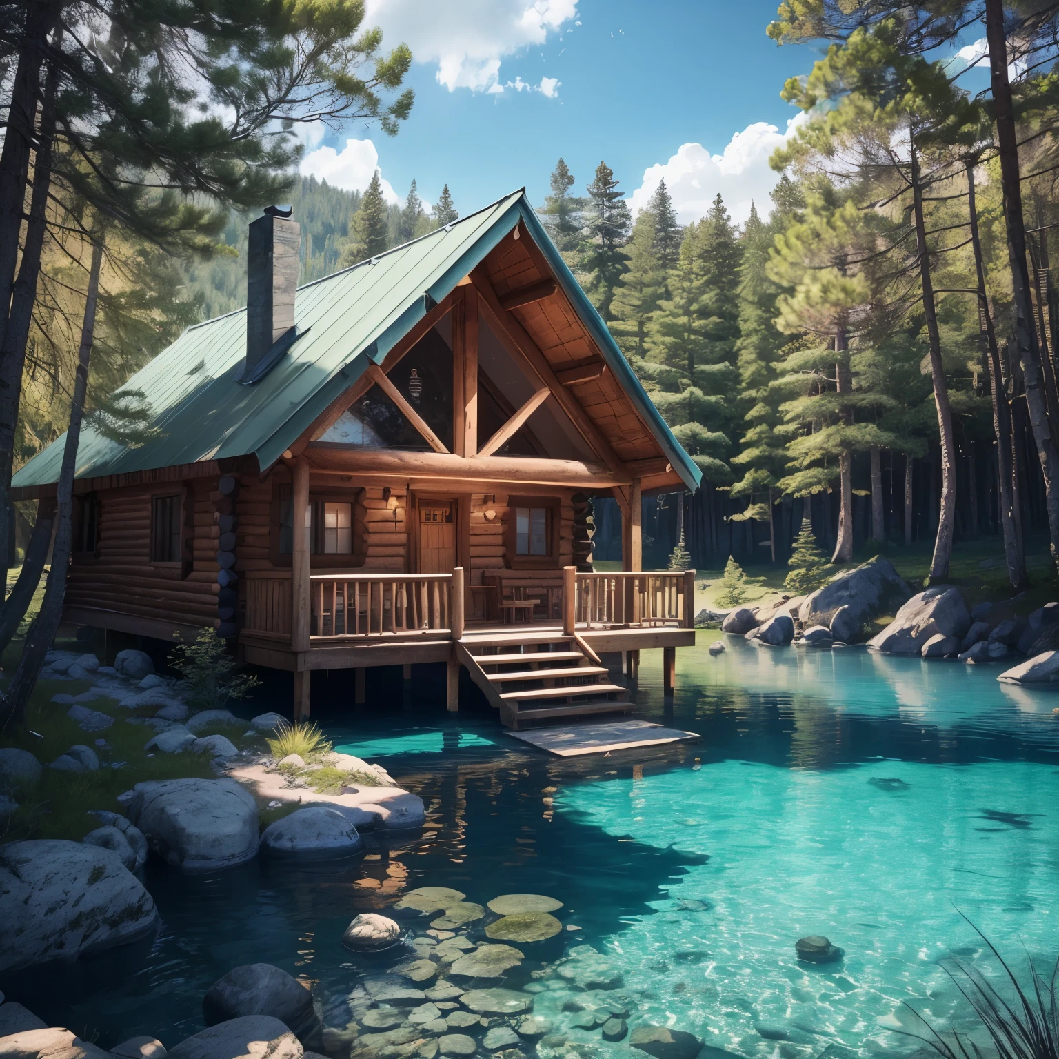 A beautiful cabin next to a lake of crystal clear waters, surrounded by majestic trees and inhabited by magical creatures. Highly defined details in high resolution and 8K.