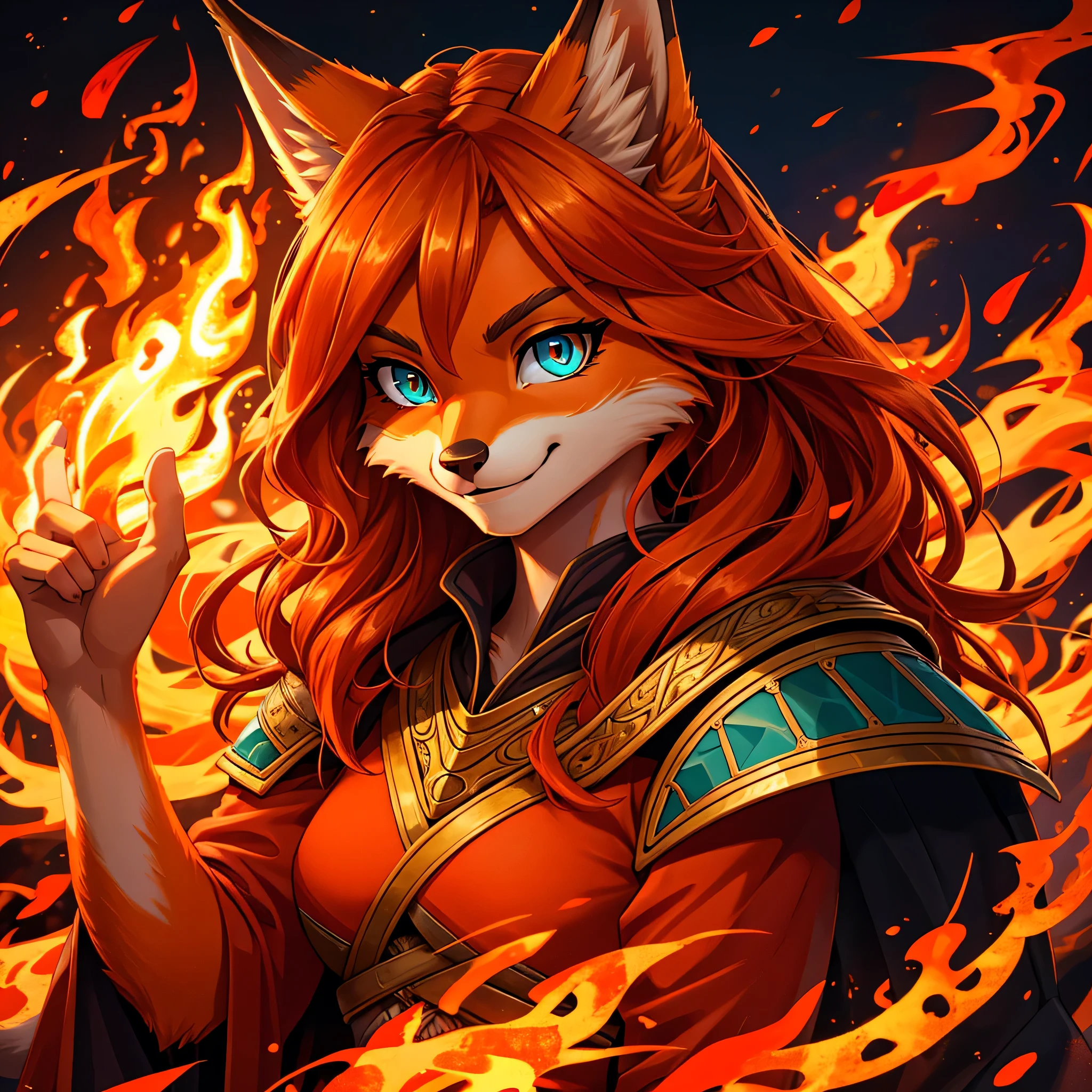 close up portrait, fantasy style art, a anthropomorphic female fox warrior, orange fur, red warrior clothes, long and wavy bright orange hair, bright teal eyes, smiling, heroic look, high quality digital art, fiery background, flames swirling in the background, high quality digital art