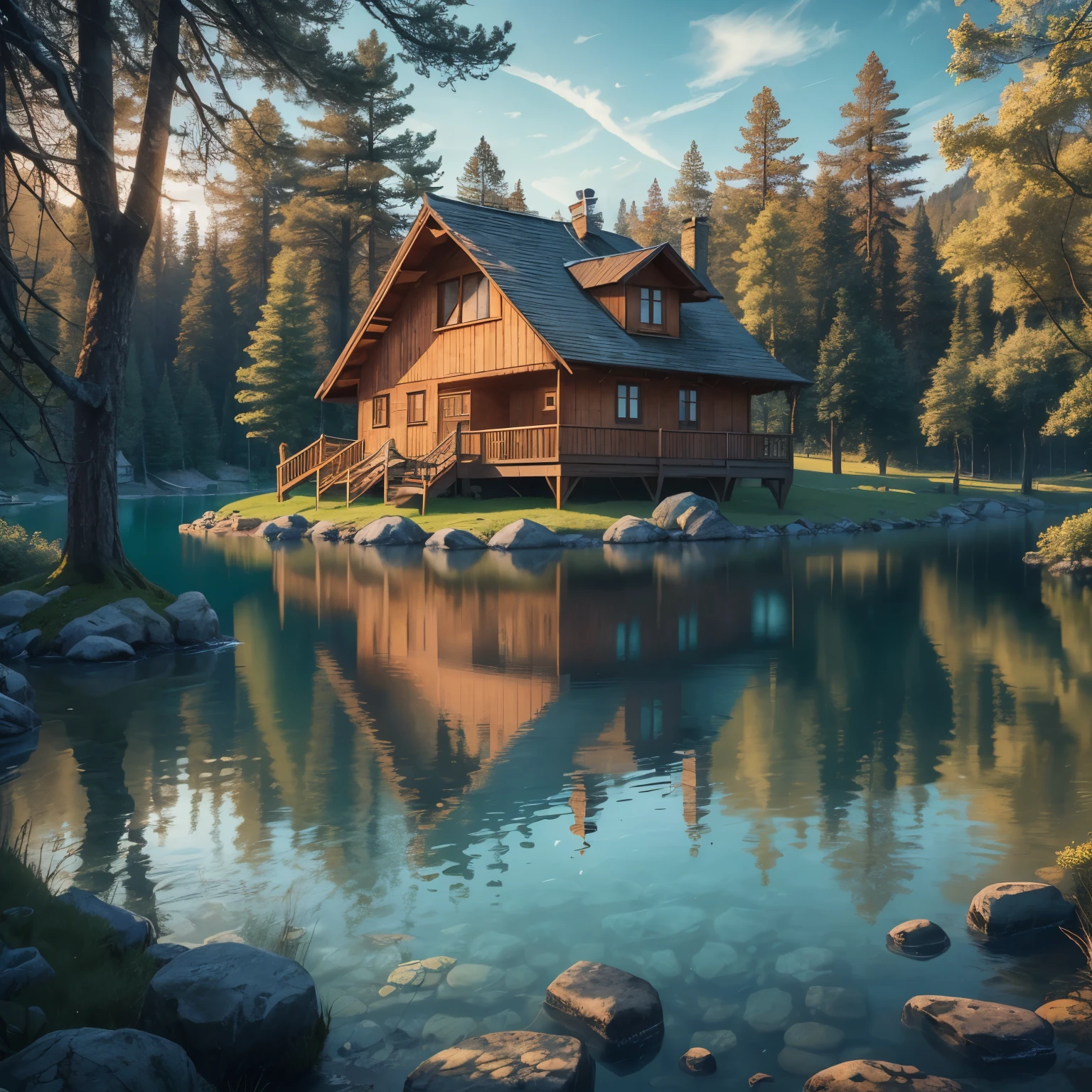 A beautiful cabin next to a lake of crystal clear waters, surrounded by majestic trees and inhabited by magical creatures. Highly defined details in high resolution and 8K.
