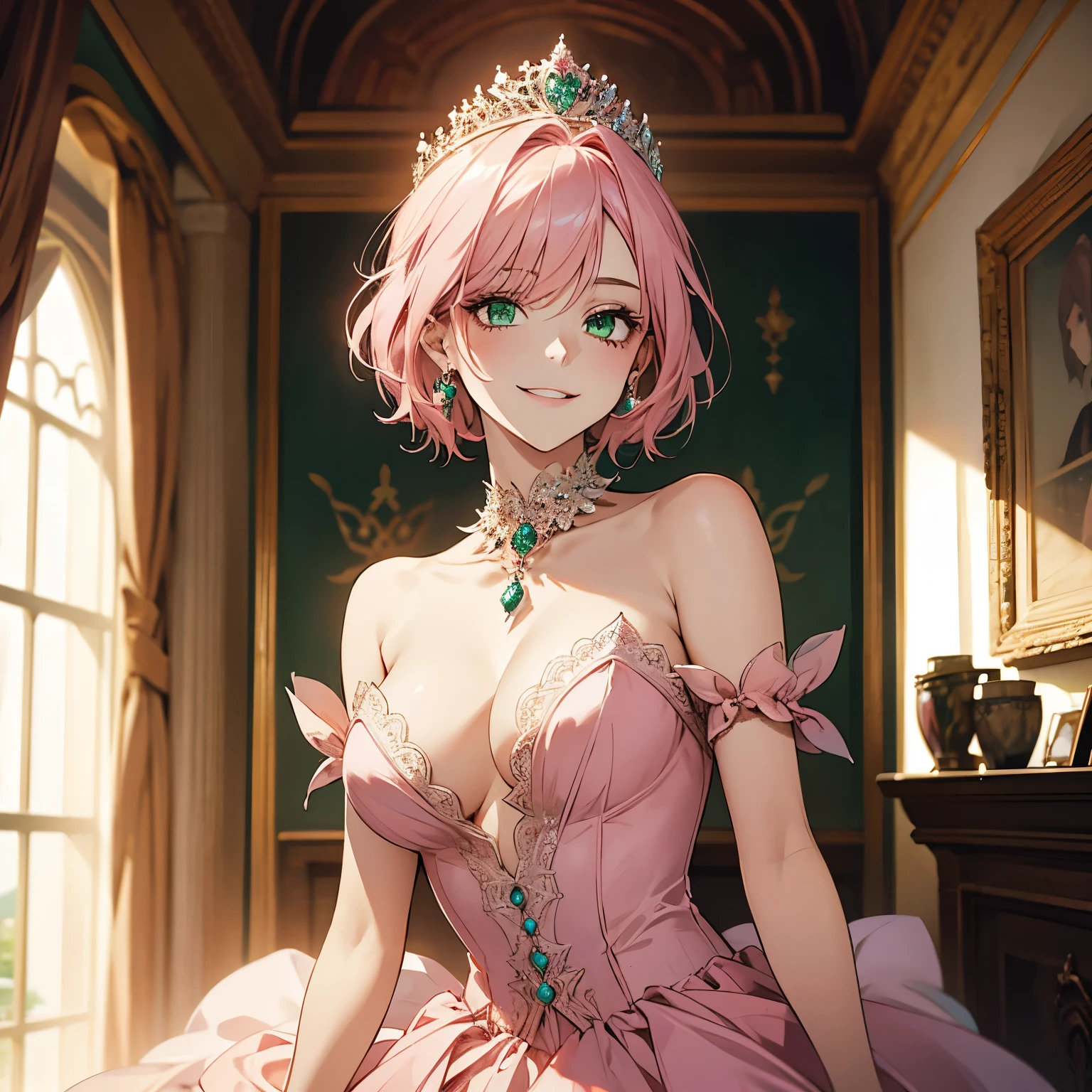 A young princess, beautiful, short pink hair, green eyes, wearing luxurious jewelry on her neck, wearing a low-cut pink dress, has medium tits, her face shows a perverted smile, she is in a luxurious room in a castle