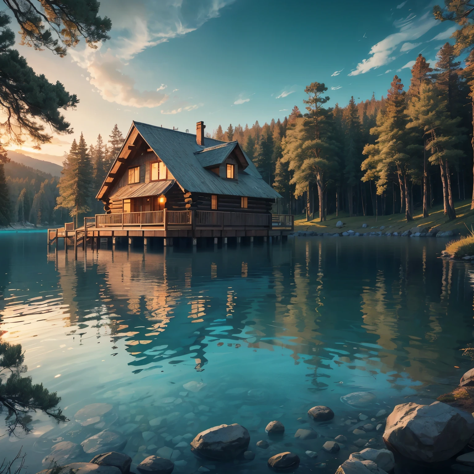 A beautiful cabin next to a lake of crystal clear waters, surrounded by majestic trees and inhabited by magical creatures. Highly defined details in high resolution and 8K. 