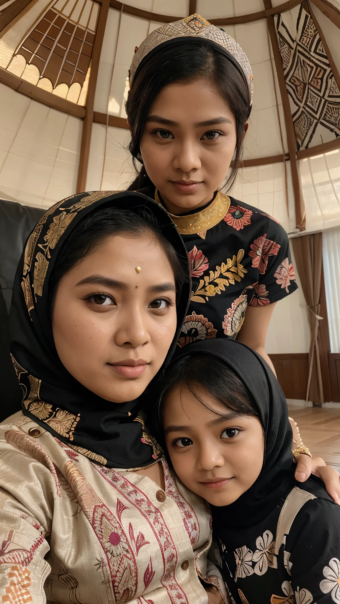 Lima orang keluarga, terdiri dari ayah, ibu, dan tiga anak, berfoto dengan pakaian batik khas Minangkabau. Ayah berusia 50 tahun dengan rambut tipis rapi. Ibu berusia 45 tahun, berhijab serasi dengan pakaian Batik Khas Minangkabau. Dua anak laki-laki berusia 25 memakai baju Batik Khas Minangkabau dan 20 tahun memakai baju Batik Khas Minangkabau memiliki rambut tipis rapi, sedangkan anak perempuan berusia 23 tahun berhijab Dengan menggunakan baju Batik Khas Minangkabau. Latar Belakang Ukiran kayu jati.
