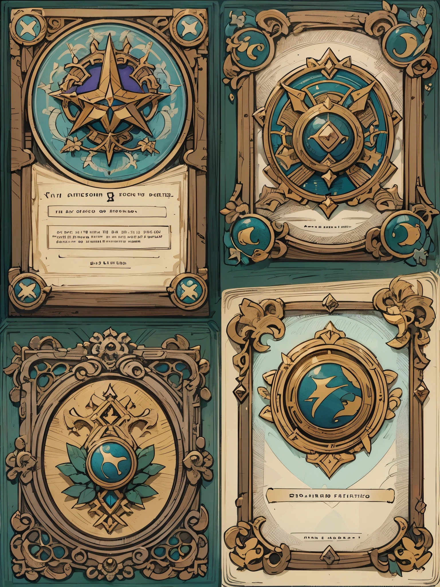 Illustration frame for card，card decoration，Previous 2/3 parts are illustration frames，Next 1/3 parts are effect text boxes，Thin border，Leave the space for illustrations blank。antique style，simple style，full of mystery，brown，Purple，UI design for Magic cards，UI design suitable for Yu-Gi-Oh card，HD，4k。