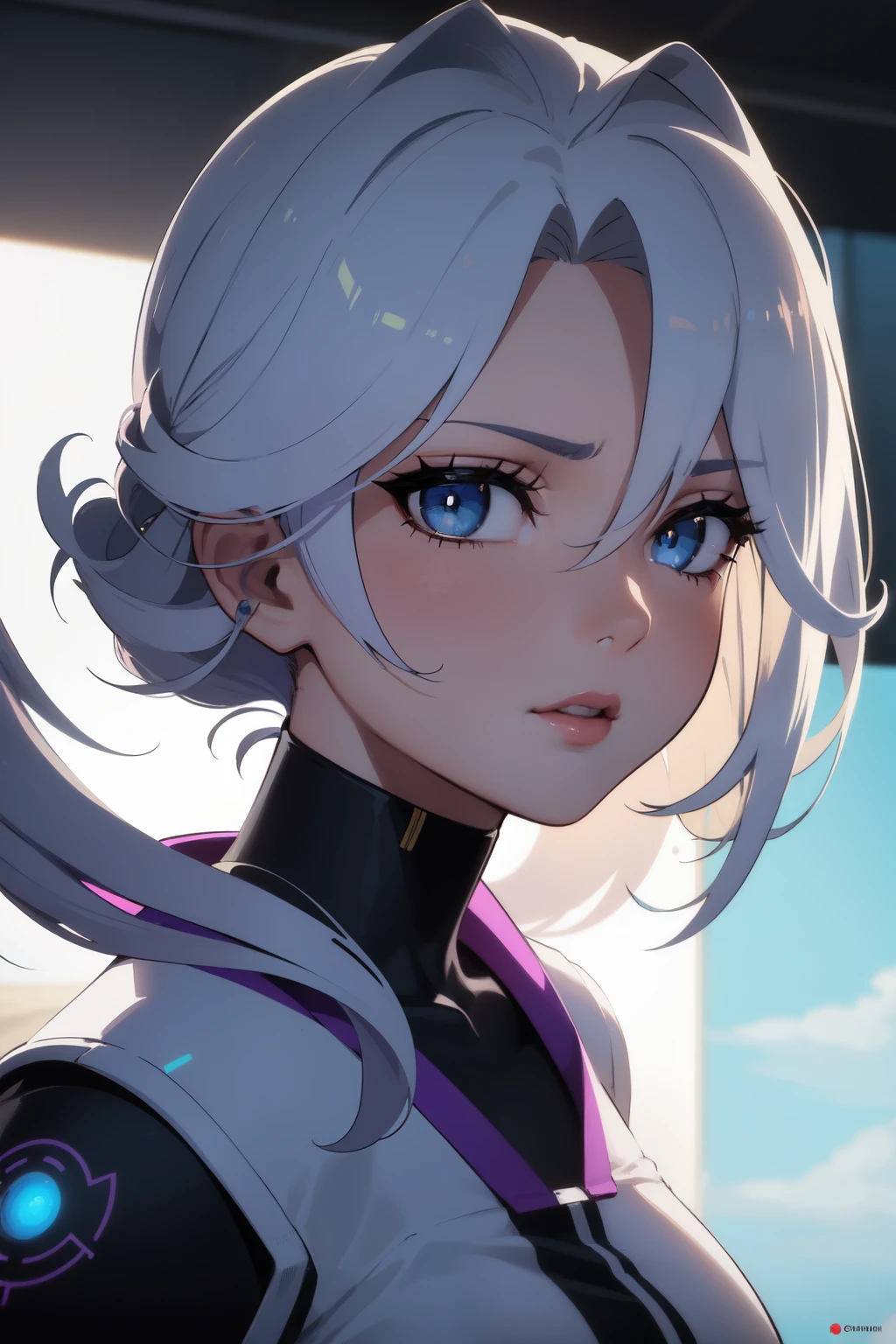 (obra de hentai, Melhor qualidade, ultra-detalhado, melhor sombra), (lindo rosto detalhado), alto contraste, (better lighting, extremamente delicado e lindo), ((cinematic light)), colorida, hiper detalhe, dramatic light, detalhes intrincados, (1 garota, Sozinho,cabelo branco, rosto afiado, olhos roxos, cabelo entre os olhos, dynamic angle), respingos de sangue,