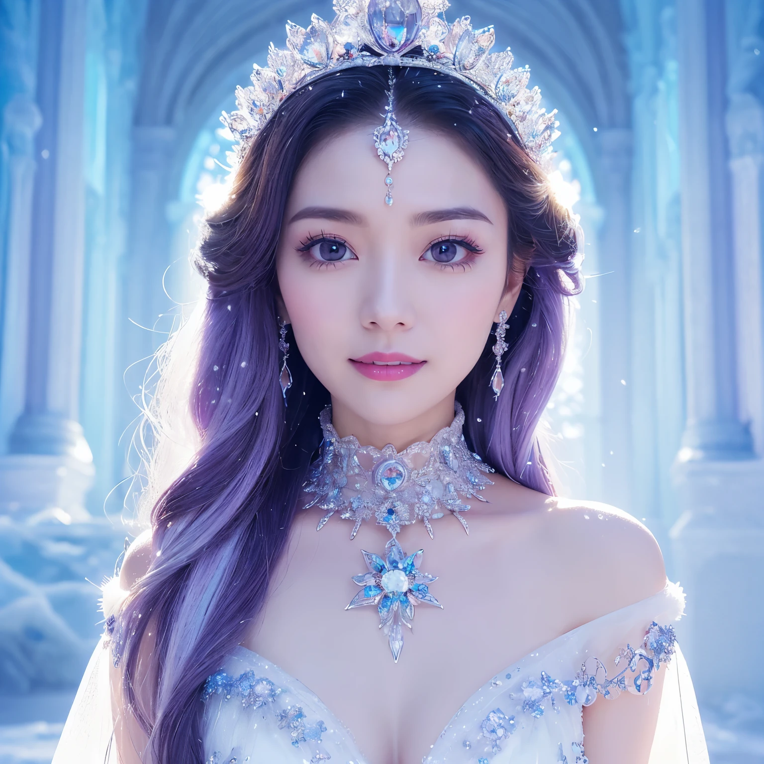 (masterpiece、highest quality、best image quality、8K、Award-winning work)、one goddess、(The most extravagant, sparkling, high-end gigantic costume:1.1)、(The most luxurious and highest quality giant tiara:1.1)、(The most luxurious and highest quality giant necklace:1.1)、(Beautiful purple and white gradation finest goddess costume:1.2)、(A goddess costume decorated with the finest decorations that shines in purple and white.:1.1)、(Finest goddess costume with perfect purple and white gradation:1.1)、upper body photo、(the best smile looking at me:1.2)、big breasts、Beautiful transparent sleeves of the highest quality、(Finest transparent sleeves with jewel decoration:1.1)、expose one&#39;s shoulders、Standing gracefully、(The most luxurious palace background made of ice:1.4)、(The most elaborate and luxurious ice palace cathedral:1.3)、(Inside the most mysterious giant palace made of ice:1.4)、(The most beautiful cathedral made of crystal clear ice:1.4)、(beautiful transparent ice:1.1)、(Mysterious fairy tale light blue fog:1.15)、The background is a detailed ice palace、beautiful ice ceiling、(Palace interior background made of intricately shining transparent ice:1.4)、(Elegant palace pillars made of ice:1.05)、the most intricate and luxurious decoration、(large amount of jewelry decoration:1.1)、最もComplex and detailed background、(It&#39;s snowing:1.1)、fine sparkling snow、(Tyndall effect:1.1)、Subtle sparkling snow、epic movie lighting、perfect makeup、long eyelashes、beautiful eyeshadow、(accurate anatomy:1.1)、Natural forehead、Complex and detailed background、the most delicate shine、background with depth、low contrast、Surrounded by soft light、(body facing forward:1.1)、(arms down:1.1)