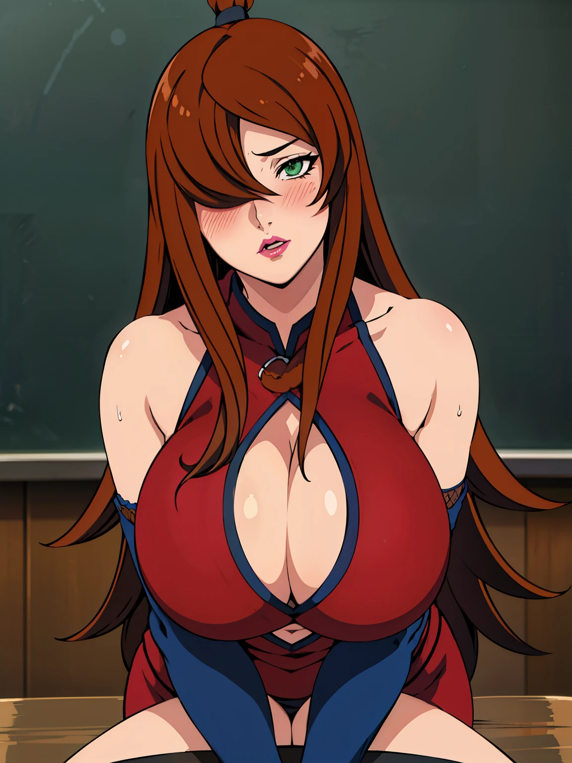 sexy pose, sitting at table, black bra, Red dress, chinese clothes, cleavage cutout, clothing cutout, bare shoulders, (at classroom), (classroom background), mei terumi, solo, takeda hiromitsu style, anime cels style, best quality, high resolution, (huge breasts:1.3), cowboy shot, blush, (puckered up lips), slim body, long hair, brown hair, green eyes, ((hair over one eye)), pink lipstick