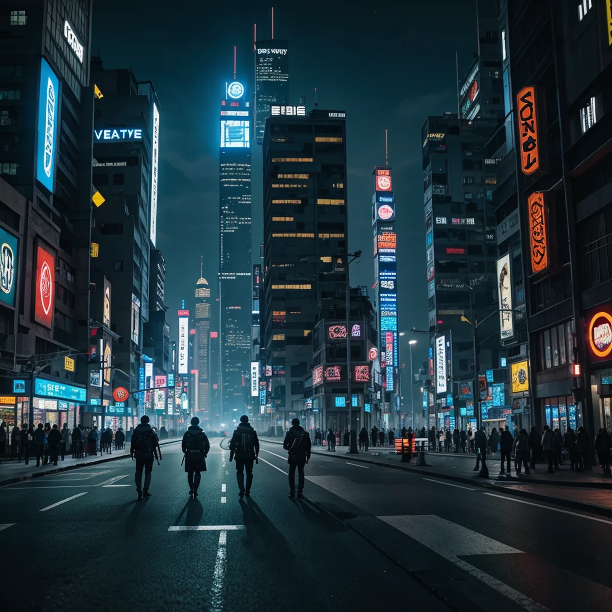 people walking in a city at night with a large clock tower in the background, in a futuristic cyberpunk city, futuristic cyberpunk scenario, arstation and beeple highly, in fantasy sci - fi city, sci-fi cyberpunk city street, busy cyberpunk metropolis, 3 d render beeple, cinematic beeple, cyberpunk city street, in style of beeple