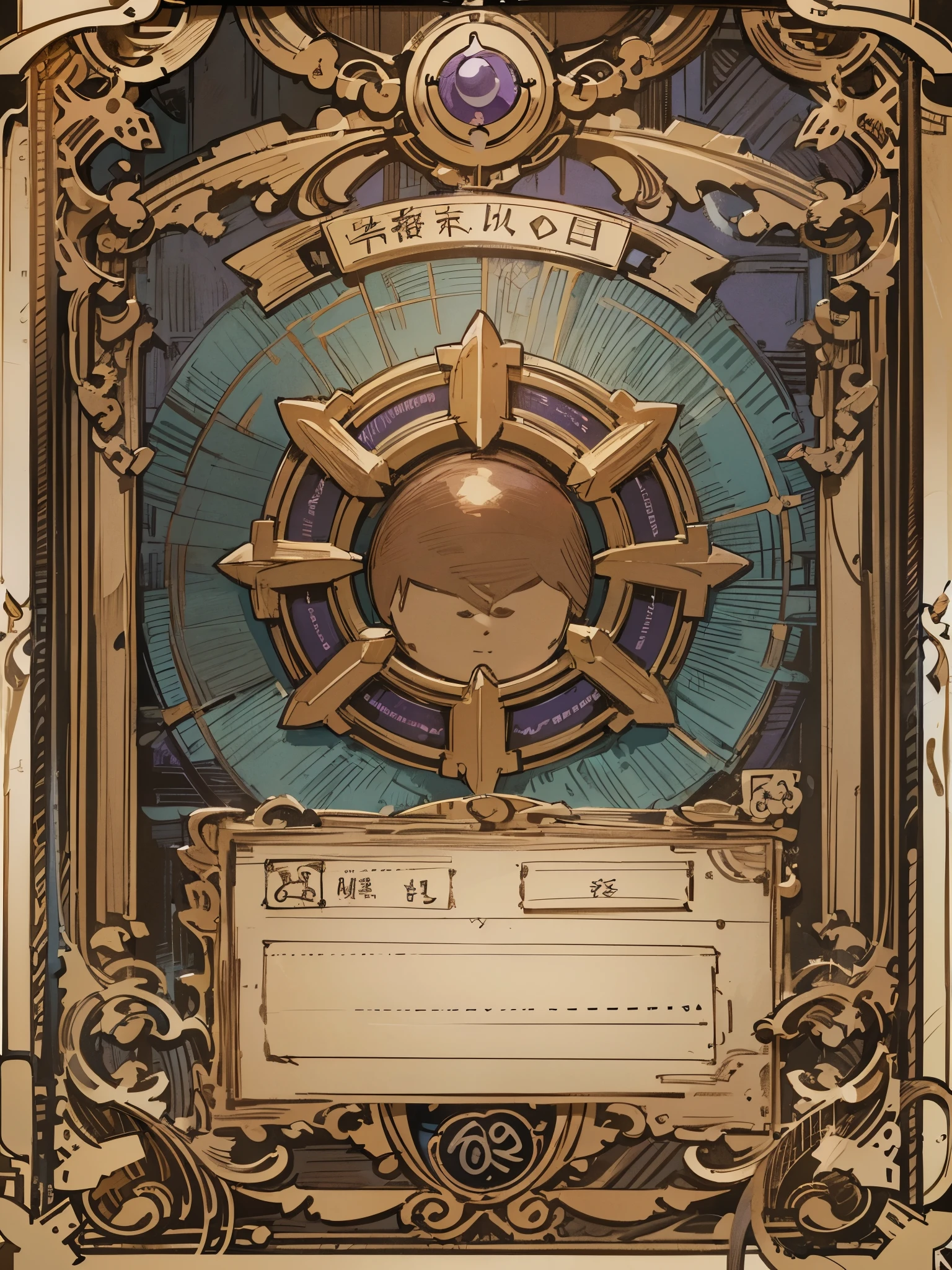 Illustration frame for card，card decoration，The upper part is the illustration frame，The lower part is the effect text box。antique style，full of mystery，brown，Purple，UI design for Magic cards，UI design suitable for Yu-Gi-Oh card，HD，4k。