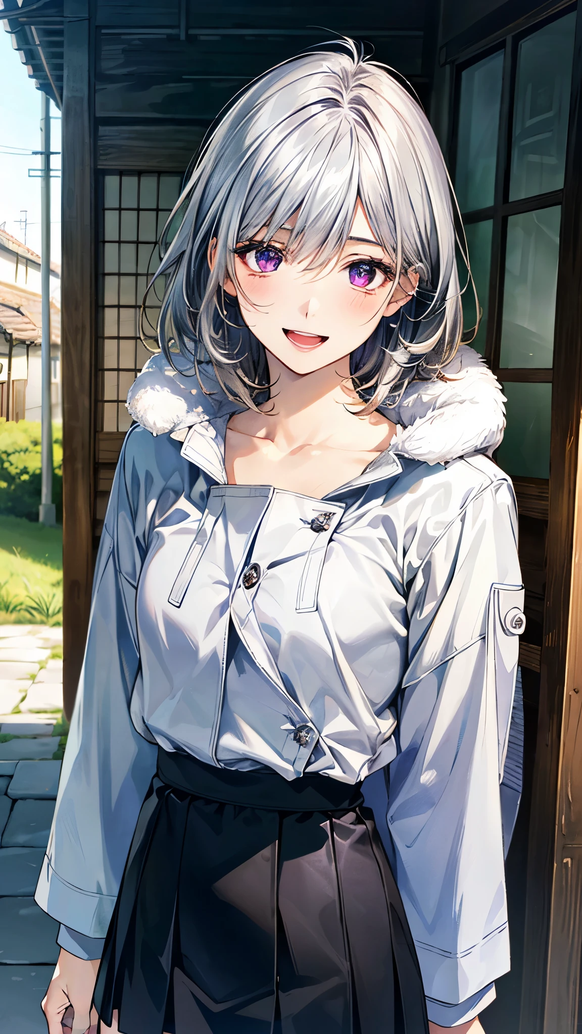(masterpiece:1.2, top-quality), (realistic, photorealistic:1.4), beautiful illustration, (natural side lighting, movie lighting), nsfw,
looking at viewer, face focus, upper body, 1 girl, japanese, high school girl, perfect face, cute and symmetrical face, shiny skin,
(short hair:1.2, messy hair:1.2, silver hair), hair between eyes, maroon eyes, slant eyes, long eye lasher, (medium breasts), slender,
beautiful hair, beautiful face, beautiful detailed eyes, beautiful clavicle, beautiful body, beautiful chest, beautiful thigh, beautiful legs, beautiful fingers,
((detailed cloth texture, long sleeves white parka, purple cat pettern shirts, black mini skirt)),
(beautiful scenery), , evening, (outdoors), walking, (lovely smile, open mouth),