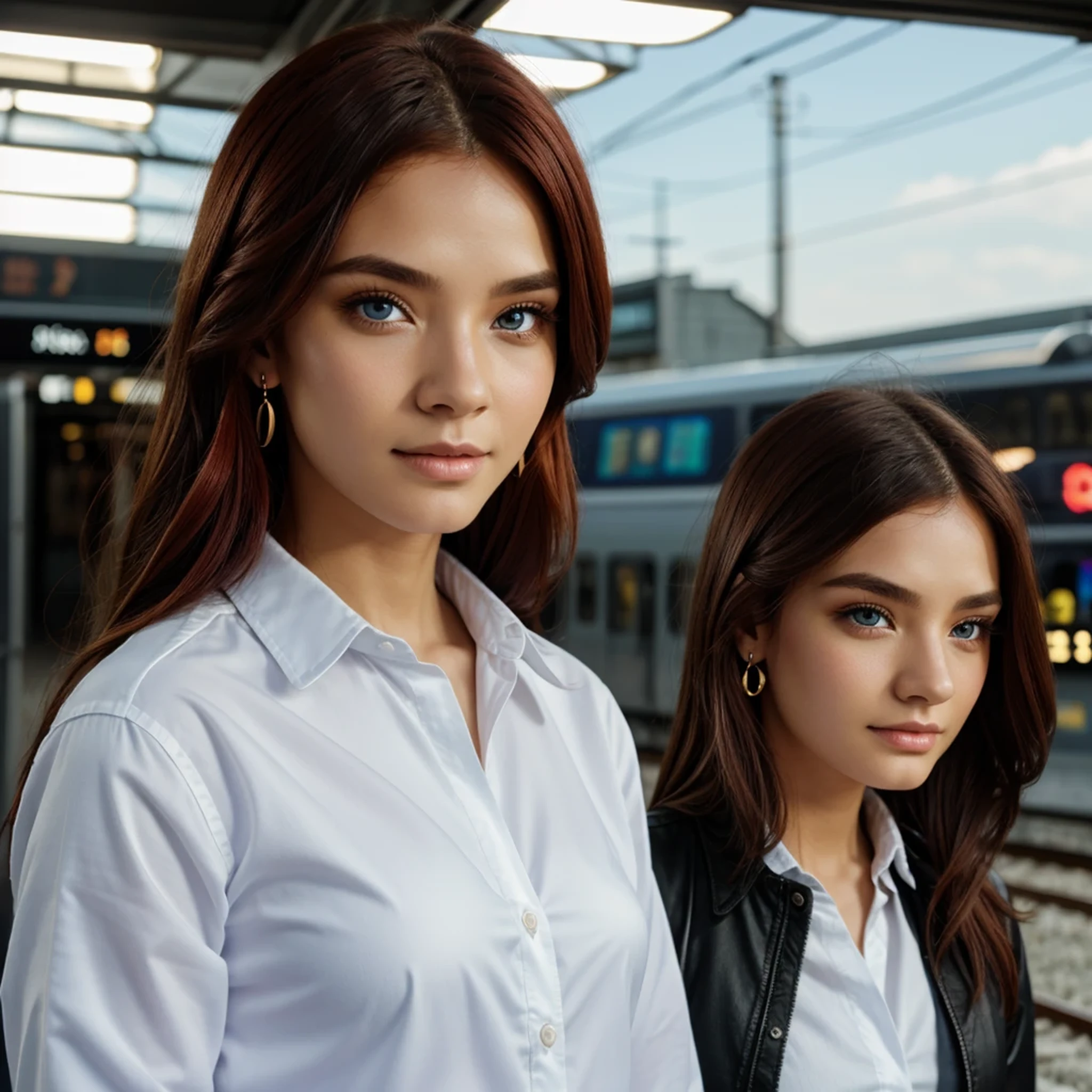 (best quality),(masterpiece), (extremely detailed 8K wallpaper),ultra-detailed,cinematic lighting, detailed light, best shadow, dyanamic angle, from down, train station, train, signal light, 1boy, leonard dung, red hair, aqua eyes, earring, single horn, ????? mark on face, shone, white shirt,, detailed face, detailed reflctive eyes, beautiful eyes, extremely deatiled face,reflective hair,