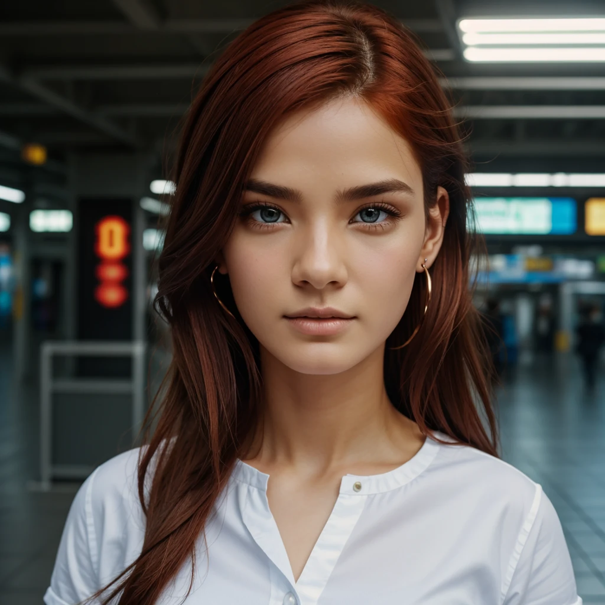 (best quality),(masterpiece), (extremely detailed 8K wallpaper),ultra-detailed,cinematic lighting, detailed light, best shadow, dyanamic angle, from down, train station, train, signal light, 1boy, leonard dung, red hair, aqua eyes, earring, single horn, strip mark on face, shone, white shirt,, detailed face, detailed reflctive eyes, beautiful eyes, extremely deatiled face,reflective hair,