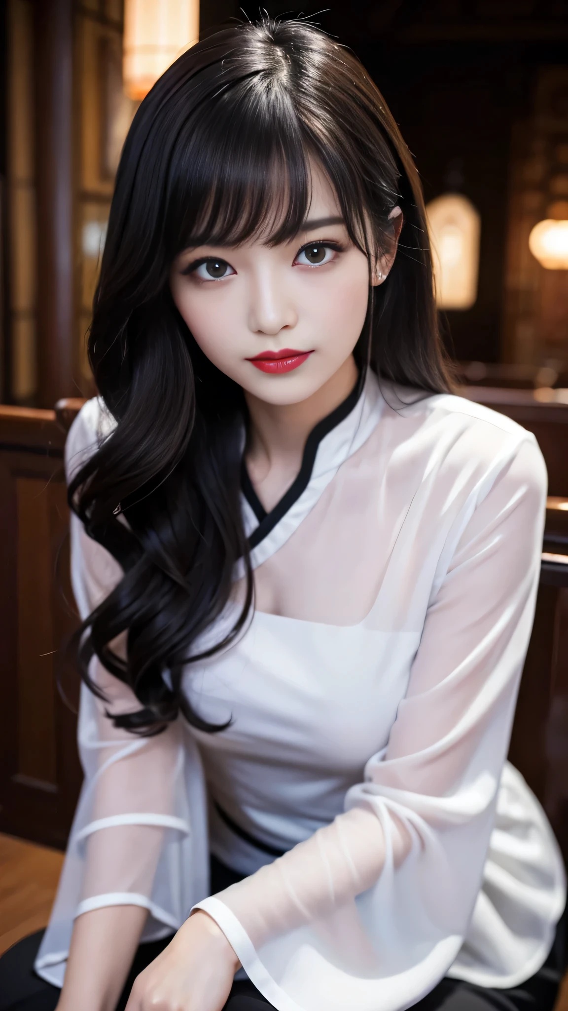 detailed、Japanese、charming beauty、seductive adult woman、Beautiful woman、sharp eyes、cool girl、wavy hair、flowing bangs、long black cheongsam、wide sleeve、evilの幹部、evil depravity、darkness、brainwashing、Mind control、lipstick、lip gloss、grin、evilな表情、evil、empty eyes、evil、church at night、lipstickを塗る、Hypnosis、puppet