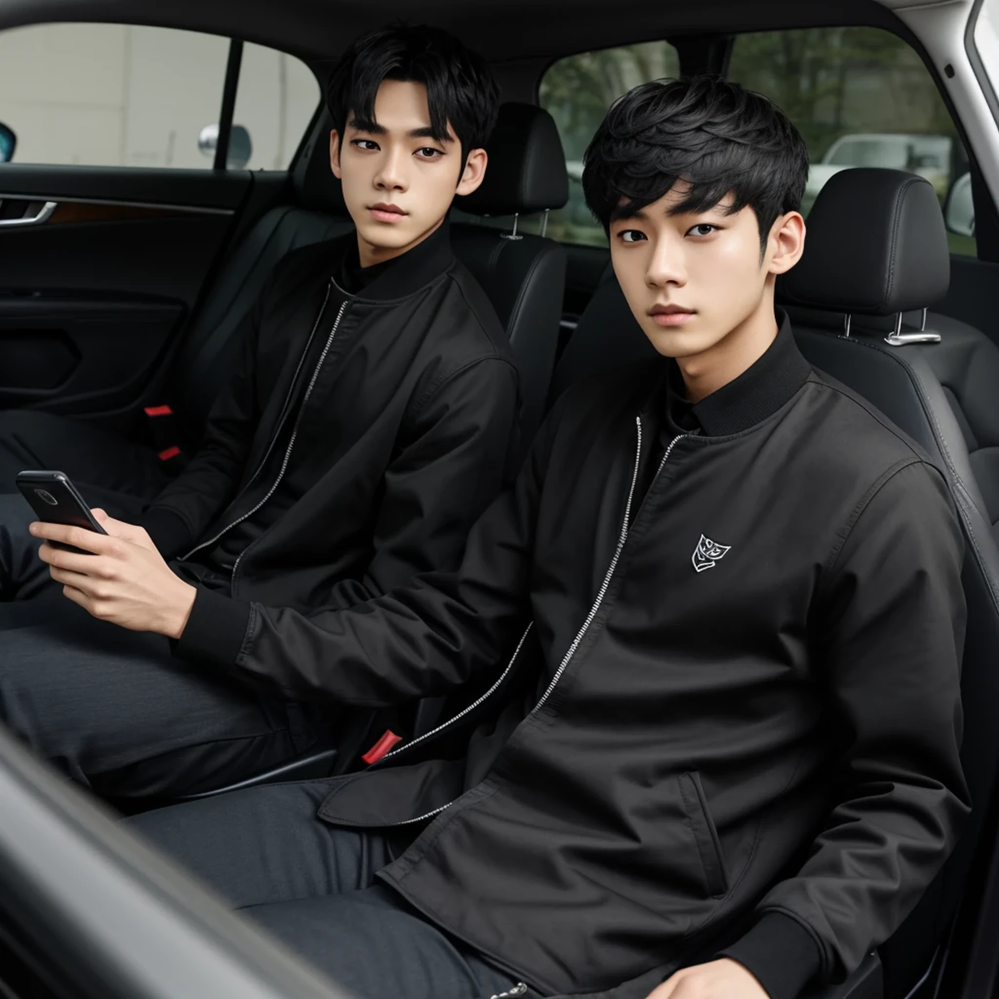 arafed man in a car with a black jacket and a cell phone, male ulzzang, jinyoung shin, jinyoung shin aesthetic, 1 7 -  - old  thin face, kim doyoung, wearing all black mempo mask, ulzzang, jungkook, boy has short black hair, cai xukun, kanliu666