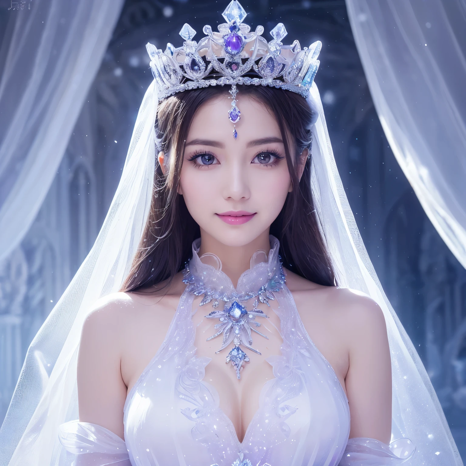 (masterpiece、highest quality、best image quality、8K、Award-winning work)、one goddess、(the most luxurious, Sparkling, high end giant costume:1.1)、(The most luxurious and highest quality giant tiara:1.1)、(The most luxurious and highest quality giant necklace:1.1)、(Highest grade goddess costume with beautiful purple and white gradation:1.2)、(Goddess costume with exquisite decorations shining in purple and white.:1.1)、(Highest quality goddess costume with exquisite purple and white gradation:1.1)、upper body photo、(look at me with the best smile:1.2)、big breasts、Beautiful transparent sleeves of the highest quality、(Highest grade transparent sleeve with jewel decoration:1.1)、publish one'shoulder、Standing gracefully、(The most luxurious palace background made of ice:1.4)、(The most elaborate and luxurious ice palace cathedral:1.3)、(Inside the most mysterious giant palace made of ice:1.4)、(The most beautiful cathedral made of crystal clear ice:1.4)、(beautiful transparent ice:1.1)、(Mysterious fairy tale light blue fog:1.15)、The background is a detailed ice palace、beautiful ice ceiling、(Palace interior background made of intricately shining transparent ice:1.4)、(Elegant palace pillars made of ice:1.05)、the most intricate and luxurious decoration、(large amount of jewelry decoration:1.1)、最もComplex and detailed background、(that'It's snowing:1.1)、fine Sparkling snow、(Tyndall effect:1.1)、Subtle Sparkling snow、epic movie lighting、perfect makeup、long eyelashes、beautiful eyeshadow、(accurate anatomy:1.1)、Natural forehead、Complex and detailed background、the most delicate shine、background with depth、low contrast、Surrounded by soft light、(body turns forward:1.1)、(lower your arms:1.1)