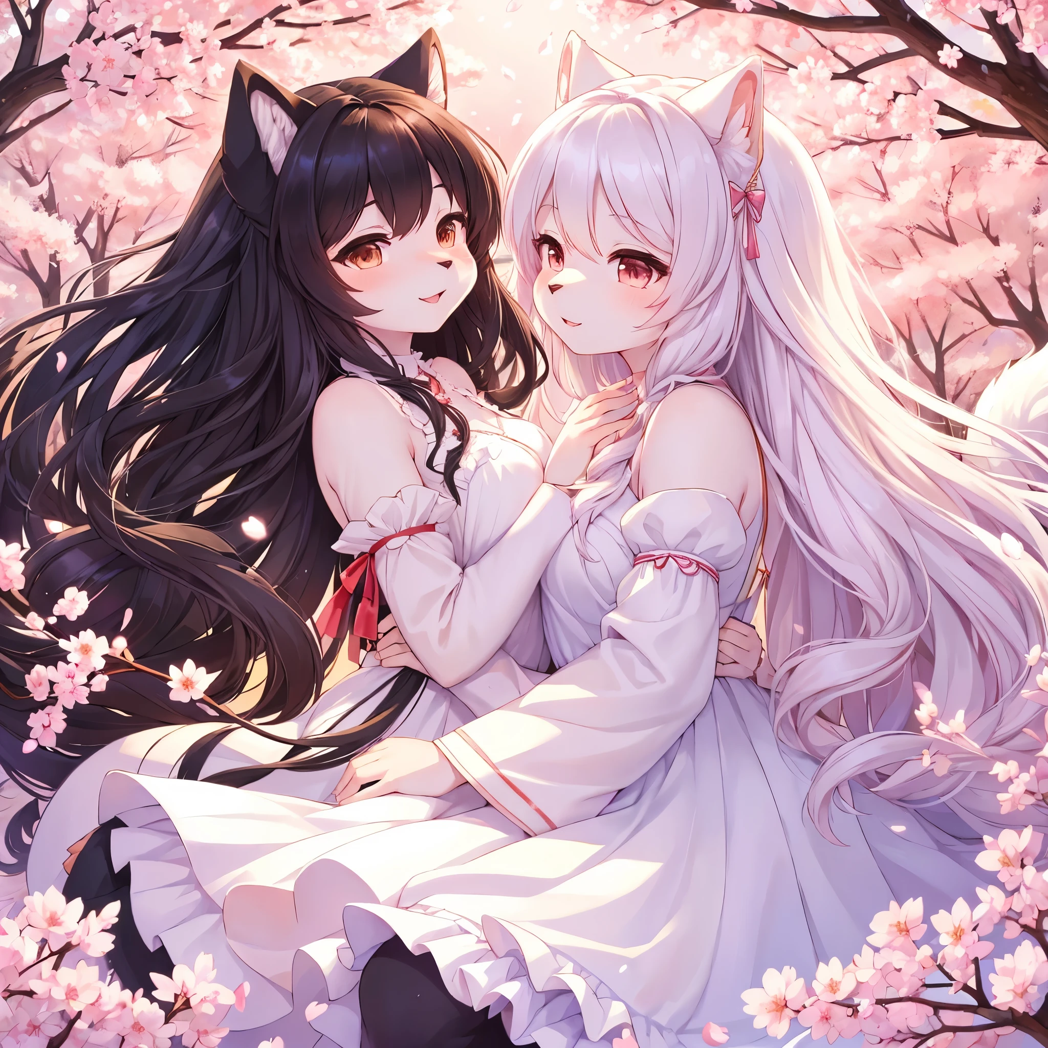 nsfw, extra limbs, missing limb, extra digit, fewer digit, missing digit, missing finger, fused fingers, mutated hands and fingers, (masturbation, ((touch pussy))), (grabbing own breasts((carefully))), lesbian, yuri, kiss, junior high school student, (((flat chest))), whole body, full body view, cat ears girl, wearing traditional japanese costumes, girl has (((flat chest))) and black hair, black high socks, the background is set on a moonlit night with cherry blossoms blooming, cherry blossom petals are falling, the full moon shines brightly, Images should be of the highest quality, It has high-resolution and ultra-detailed features, must be realistic and photorealistic style, vibrant colors and bokeh, lighting should emphasize the beauty of the scene, create an enchanting atmosphere