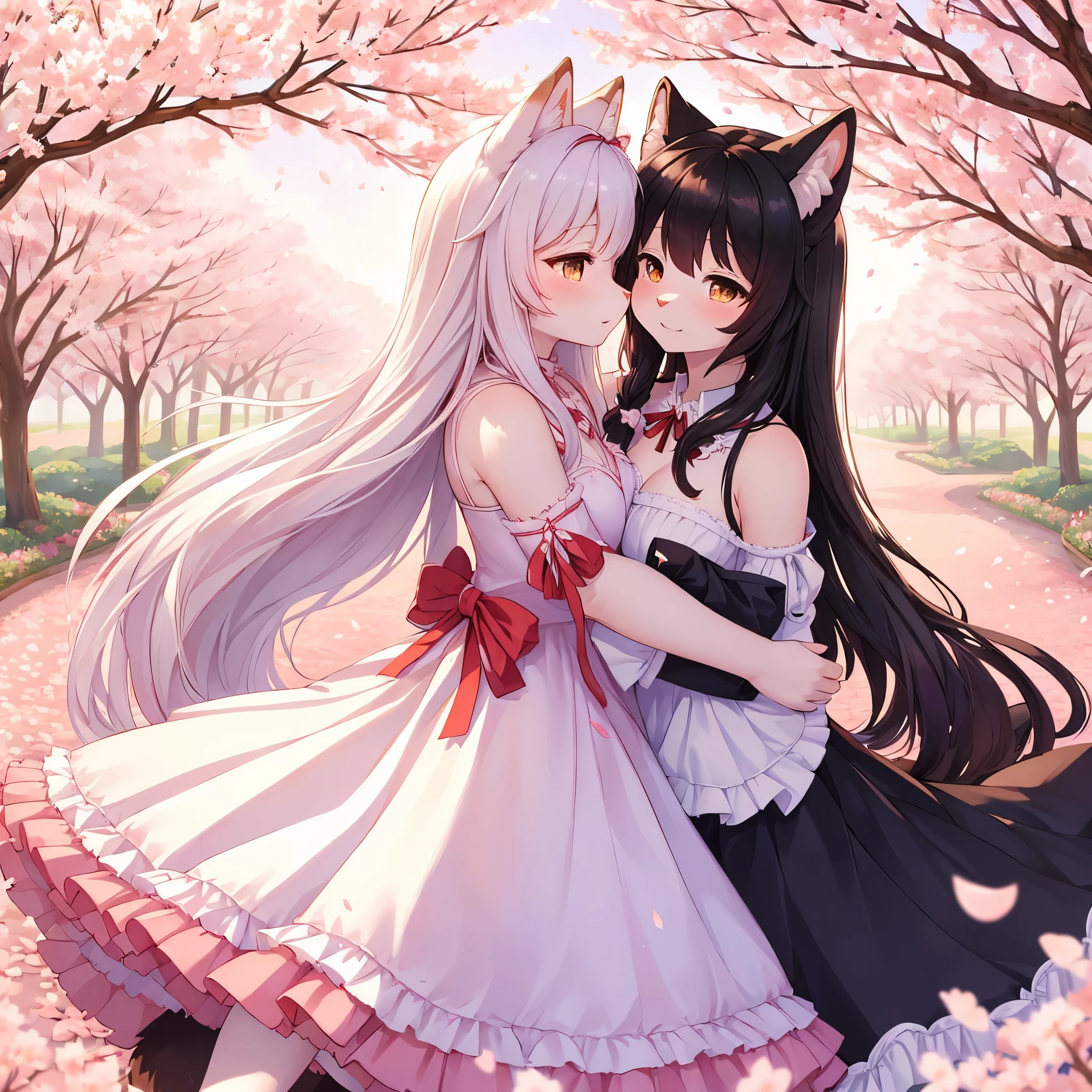 best quality,best resolution,(fluffy anthro furry :1.3),black cat girl,white cat girl,long hair,wavy hair,lesbians,huge sakura garden,plenty sakura petals in the air,romantic light,lesbians pose,beautiful dress with ribbon,ruffles,