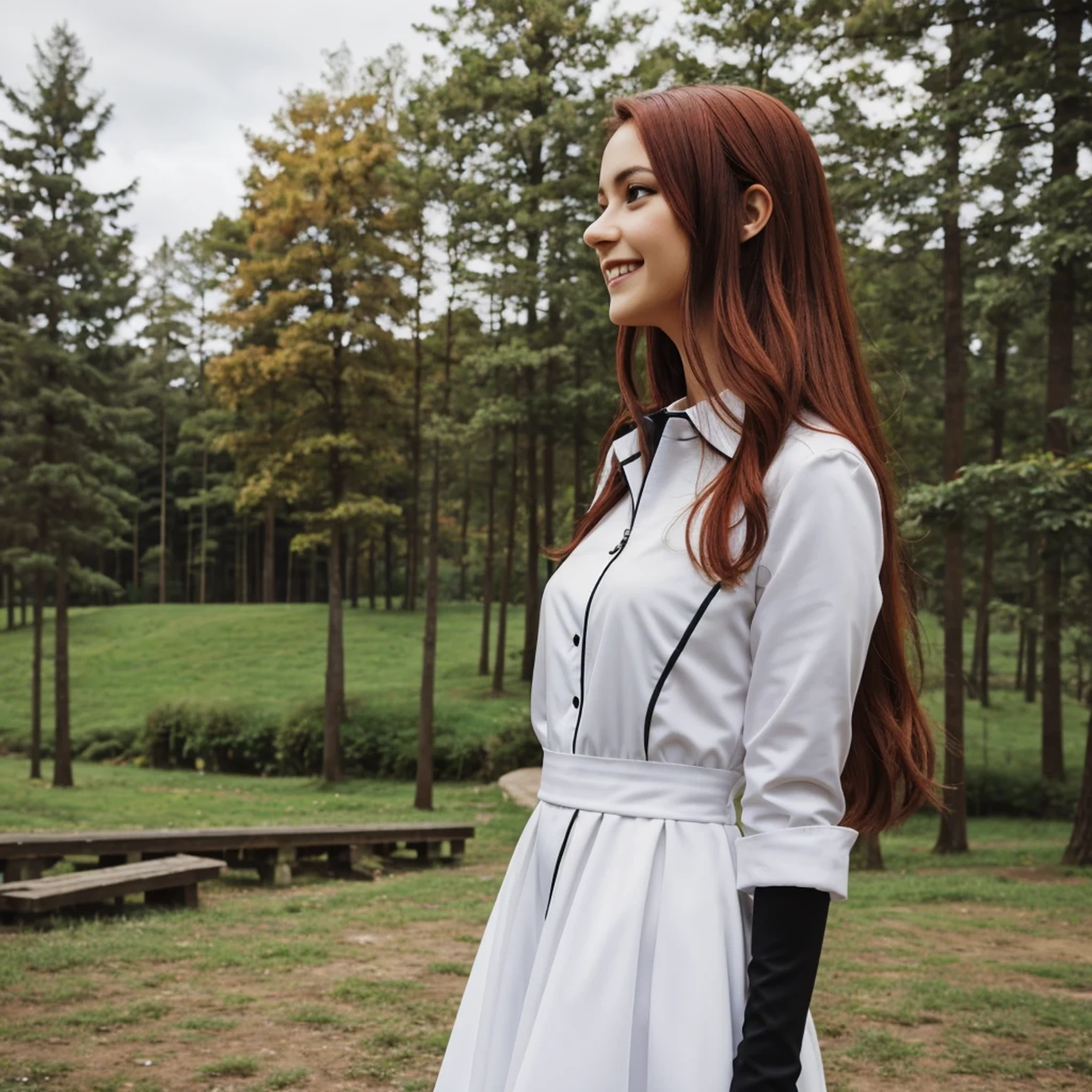 ((masterpiece,best quality)),8k wallpaper,1girl, long hair, red hair, solo, dress, red eyes, looking at viewer, long sleeves, standing, building, white dress, gloves, hair ornament, black jacket, smile, floating hair, dutch angle, closed mouth, looking away, outdoors