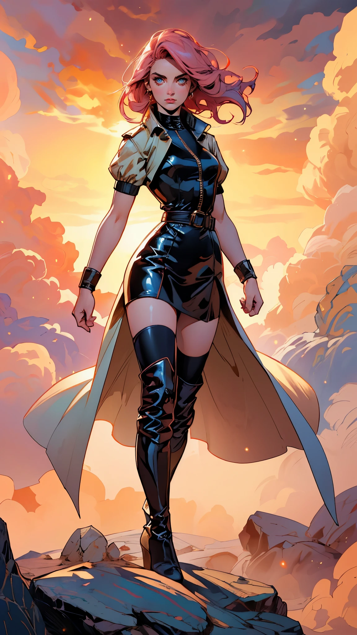 (A beautiful young girl with long curly pink hair, slender eyebrows, sparkling eyes, a bewildered expression, an oval-shapedl face with pale skin, a knee-length form-fitting leather trench coat with very short sleeves, she adorns both hands with metallic wrist guards in a sci-fi ancient civilization style, her long legs are clad in leather boots as she soars through the misty clouds), this character embodies a finely crafted fantasy-realism style western ranger in anime style, exquisite and mature manga art style, porcelain skin, perfect skin, perfect eyes, (Alison Brie:1.2), high definition, best quality, highres, ultra-detailed, ultra-fine painting, extremely delicate, professional, anatomically correct, symmetrical face, extremely detailed eyes and face, high quality eyes, creativity, RAW photo, UHD, 32k, Natural light, cinematic lighting, masterpiece-anatomy-perfect, masterpiece:1.5