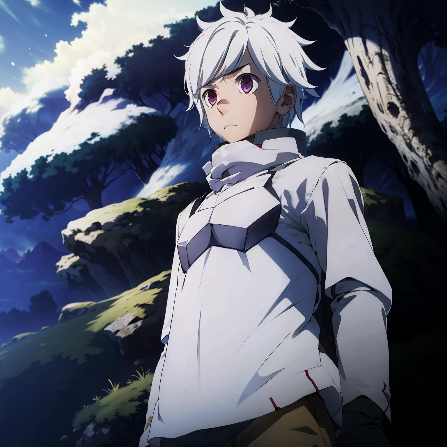 killua_zoldyck, white hair, nude, navel, nipples, sweat, small penis, serious face, forest background, full body, 