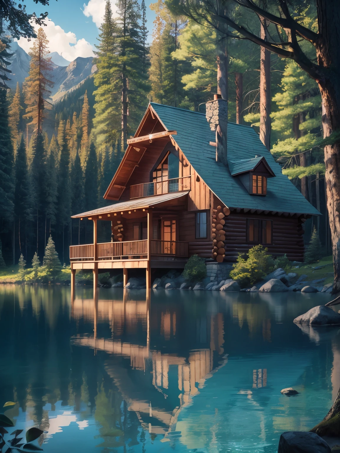 A beautiful cabin next to a lake of crystal clear waters, surrounded by majestic trees and inhabited by magical creatures. Highly defined details in high resolution and 8K. 