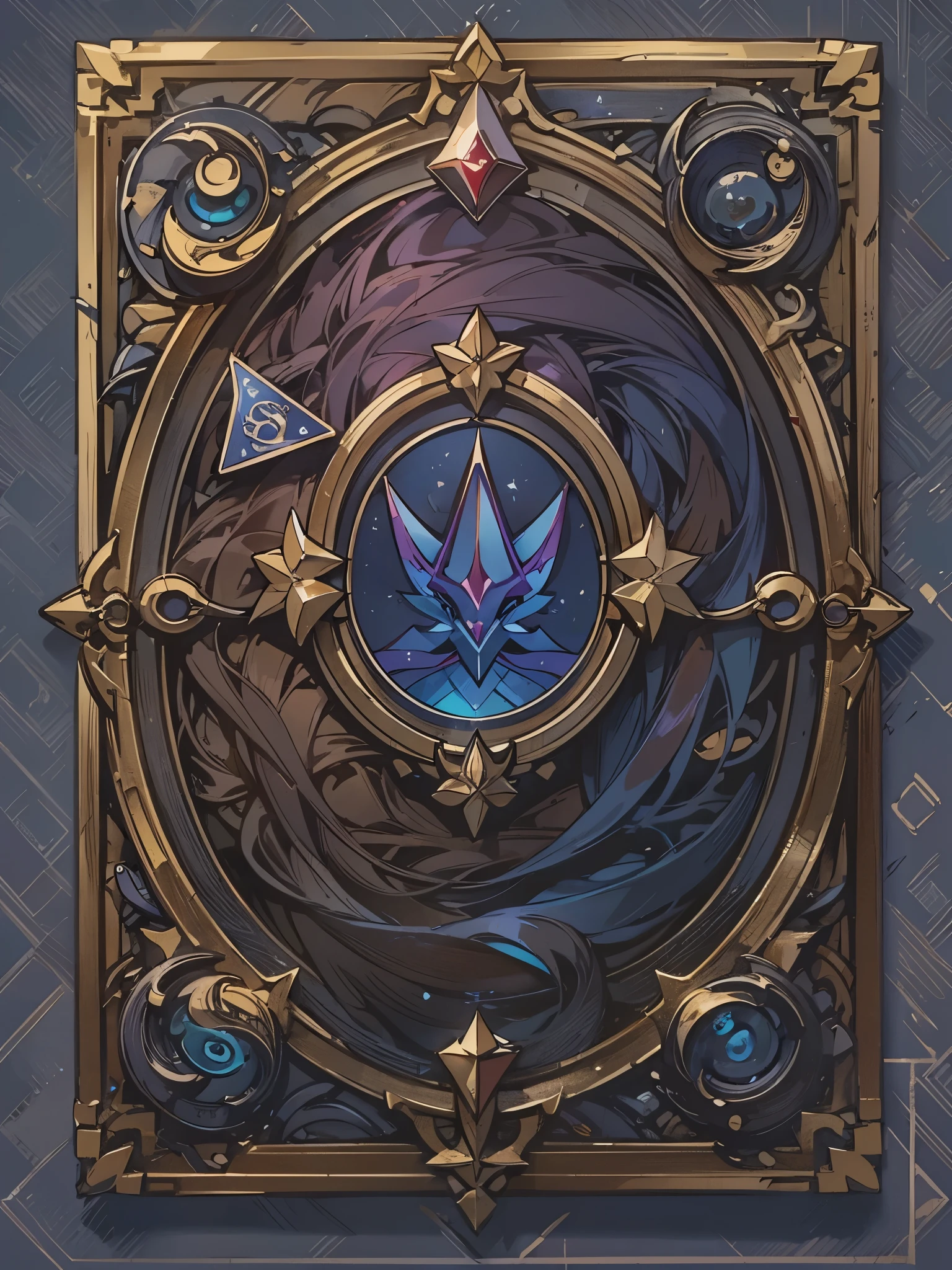 Illustration frame for card，card decoration，The upper part is the illustration frame，The lower part is left blank in the middle of the effect text box.。antique style，Modern minimalist style，full of mystery，brown，Purple，blue，UI design for Magic cards，UI design suitable for Yu-Gi-Oh card，HD，4k。