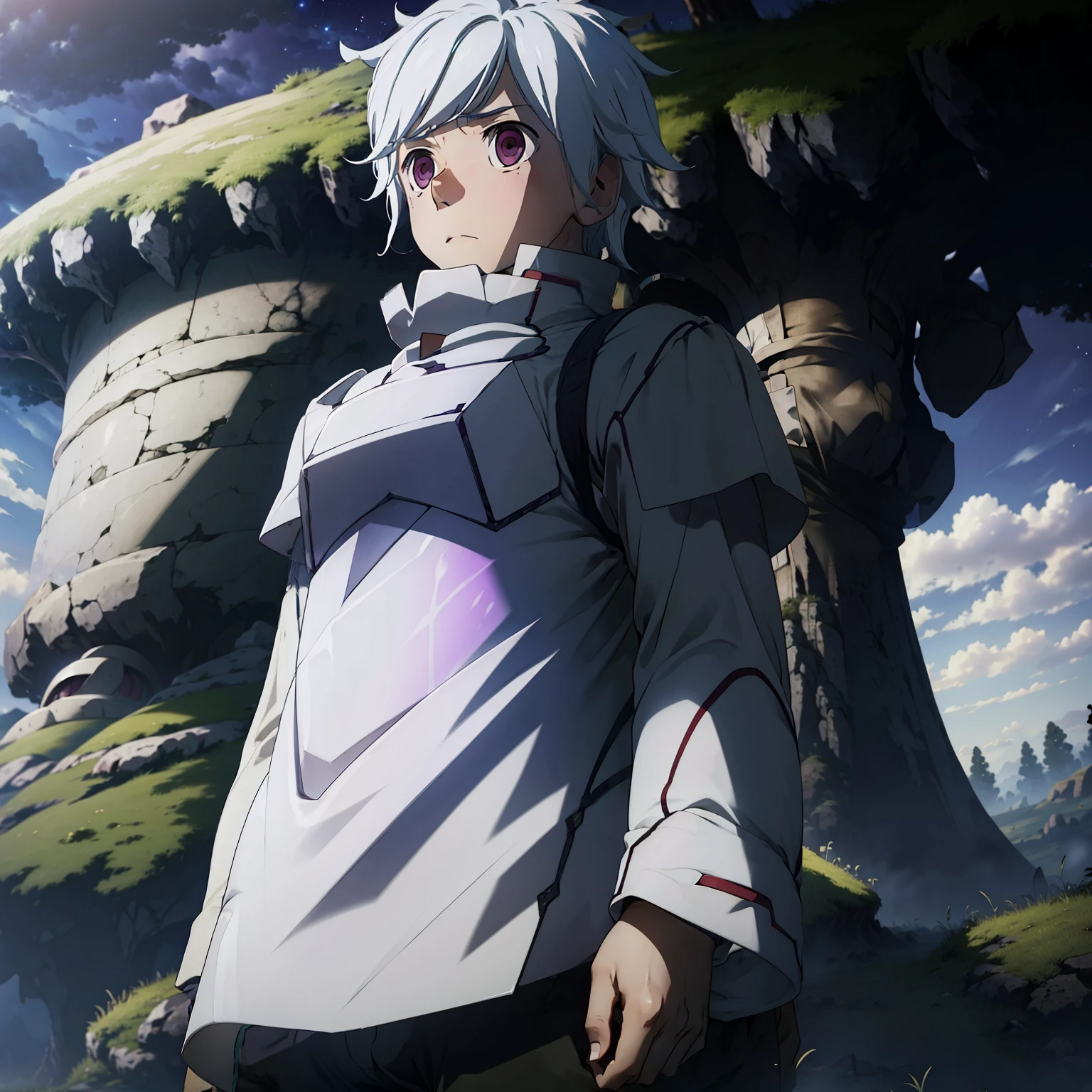 Boy standing in grass plain, stary night, white hair, dark purple eyes, washed out eyes, sad, midshot