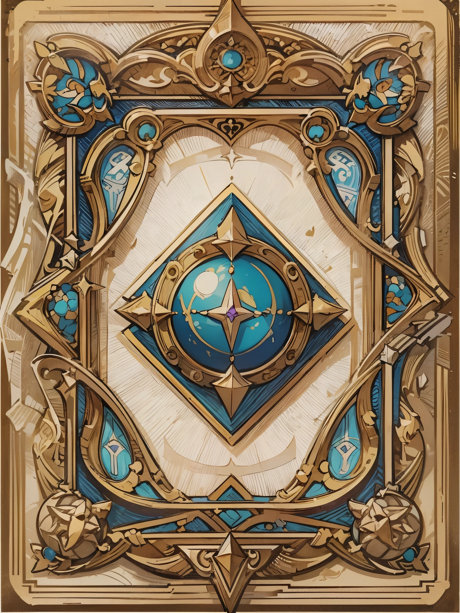 Illustration frame for card，card decoration，The upper part is the illustration frame，The lower part is the effect text box，Leave the middle part blank for illustrations。antique style，Modern minimalist style，full of mystery，brown，Purple，blue，UI design for Magic cards，UI design suitable for Yu-Gi-Oh card，HD，4k。