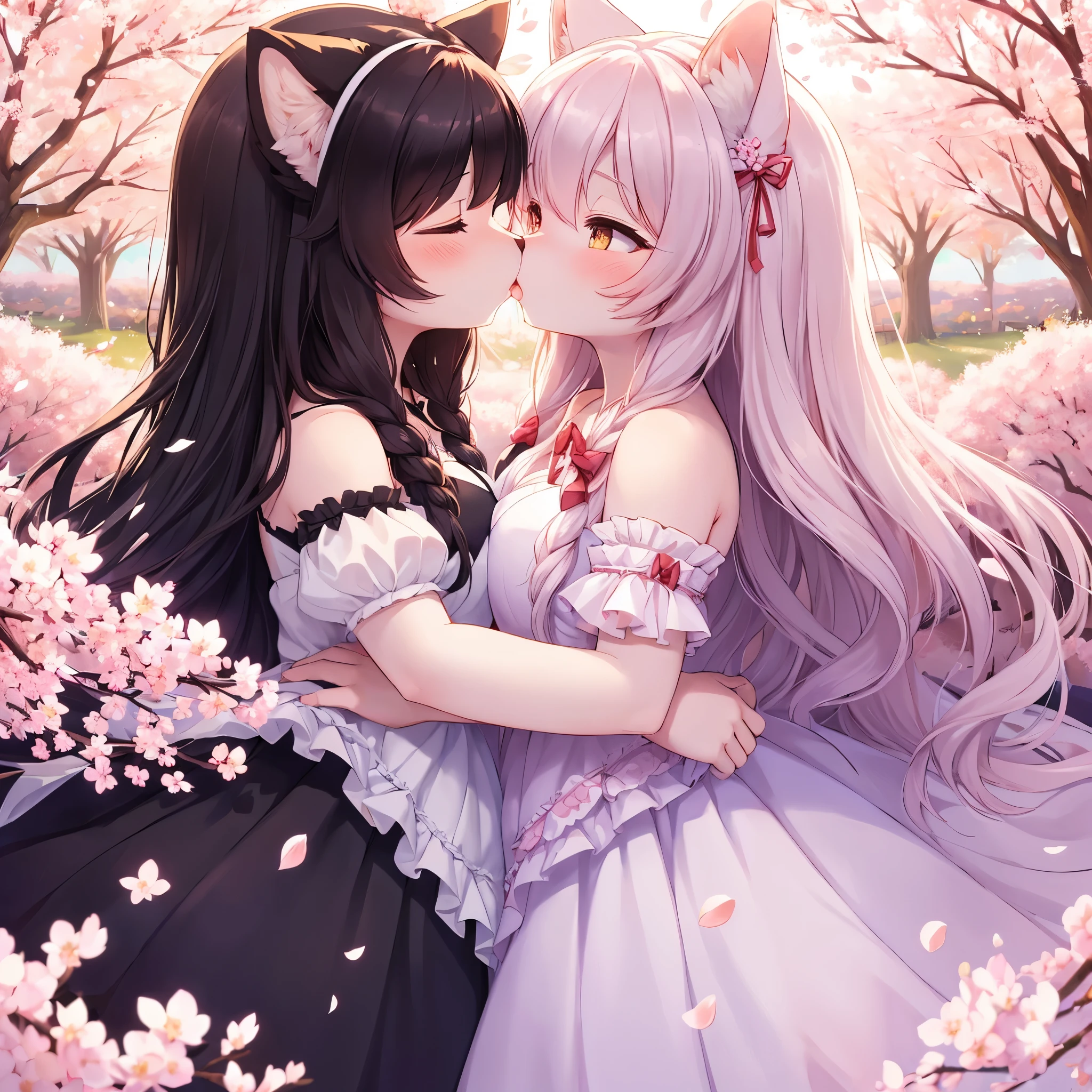 best quality,best resolution,(fluffy anthro furry :1.3),black cat girl,white cat girl,long hair,wavy hair,lesbians,huge sakura garden,plenty sakura petals in the air,romantic light,lesbians pose,beautiful dress with ribbon,ruffles,french kissing,curve angle