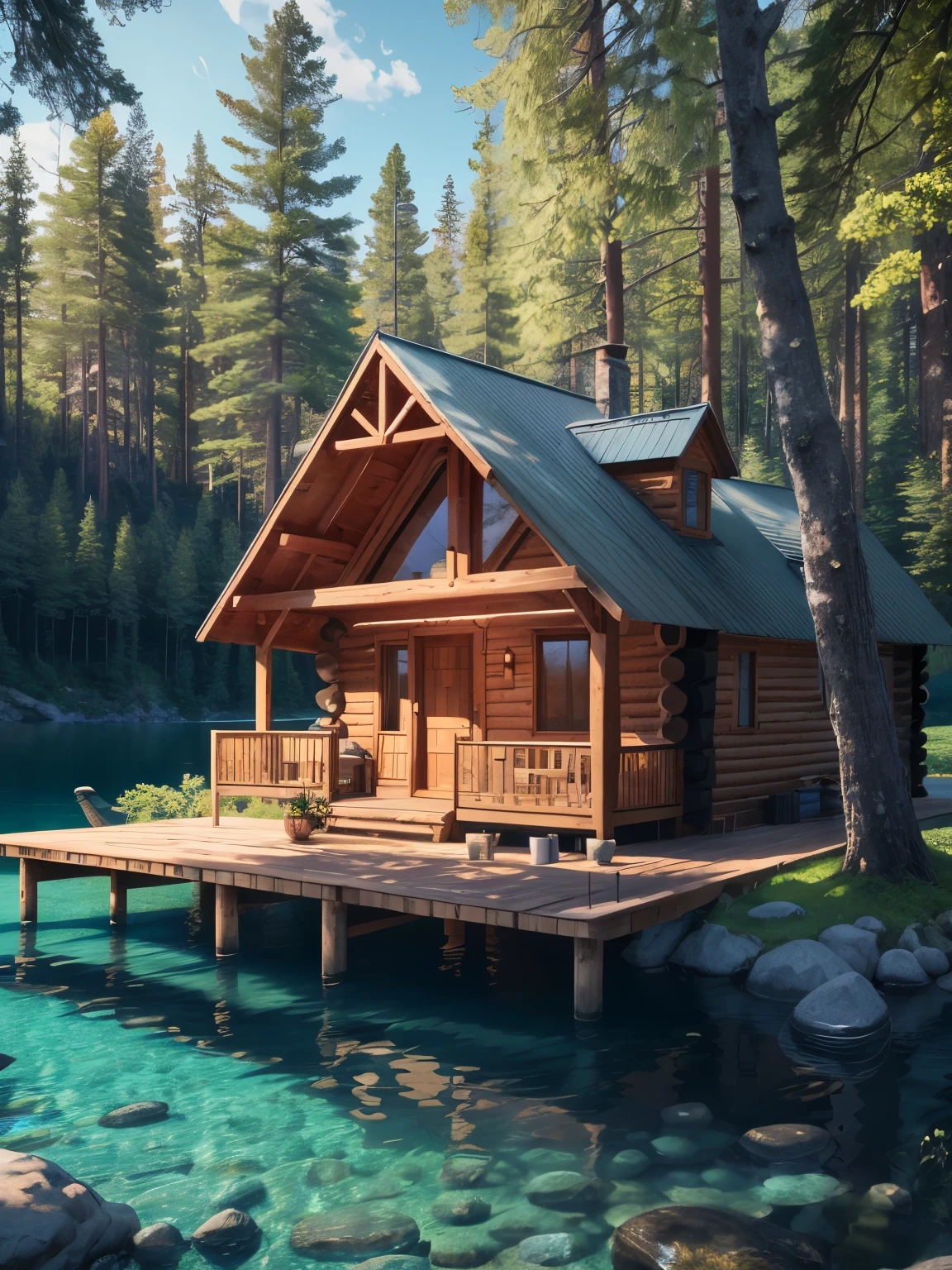 A beautiful cabin next to a lake of crystal clear waters, surrounded by majestic trees and inhabited by magical creatures. Highly defined details in high resolution and 8K. 