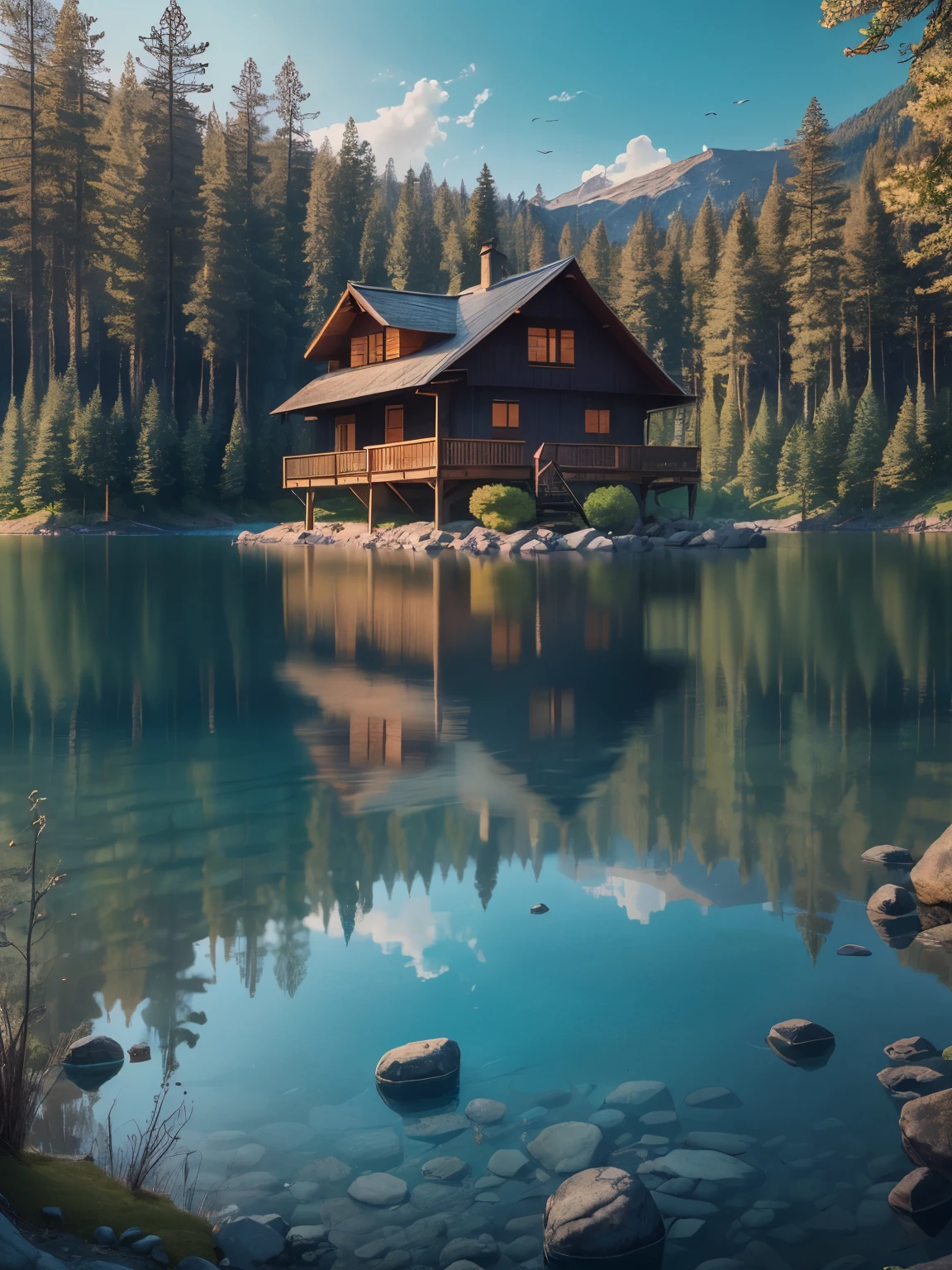 A beautiful cabin next to a lake of crystal clear waters, surrounded by majestic trees and inhabited by magical creatures. Highly defined details in high resolution and 8K. 