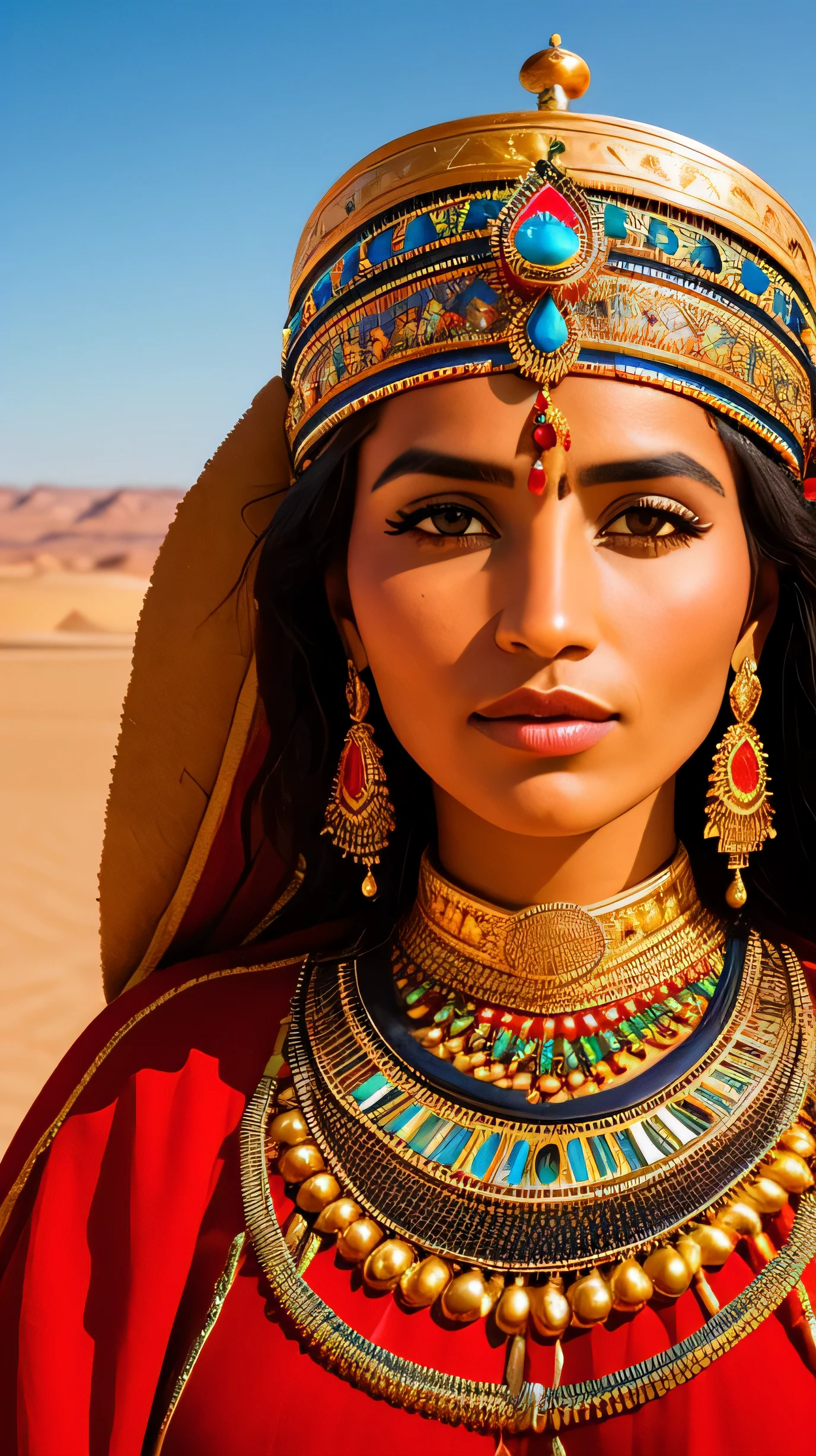 Close-up portrait foto of a beautiful 26 year old woman.constituir, 8K HD, alta calidad, dramatic, cinematographic image: An illustration of Tin Hinan, mujer tuareg, como la Reina del Desierto en Argelia. Palabras clave descriptivas: Regal, elegant, poderoso, vestimenta tradicional, desert landscape. photographic style: Artistic and cultural wealth, Capturing the essence of Tuareg heritage through intricate details and vibrant colors.. tono: reverente, digno, y fascinante. objeto: Una corona majestuosa digna de una reina del desierto. Action: Ubicado en la cabeza de Tin Hinan, brillando intensamente bajo el sol del desierto, symbolizing his royal status and wisdom., foto, illustration