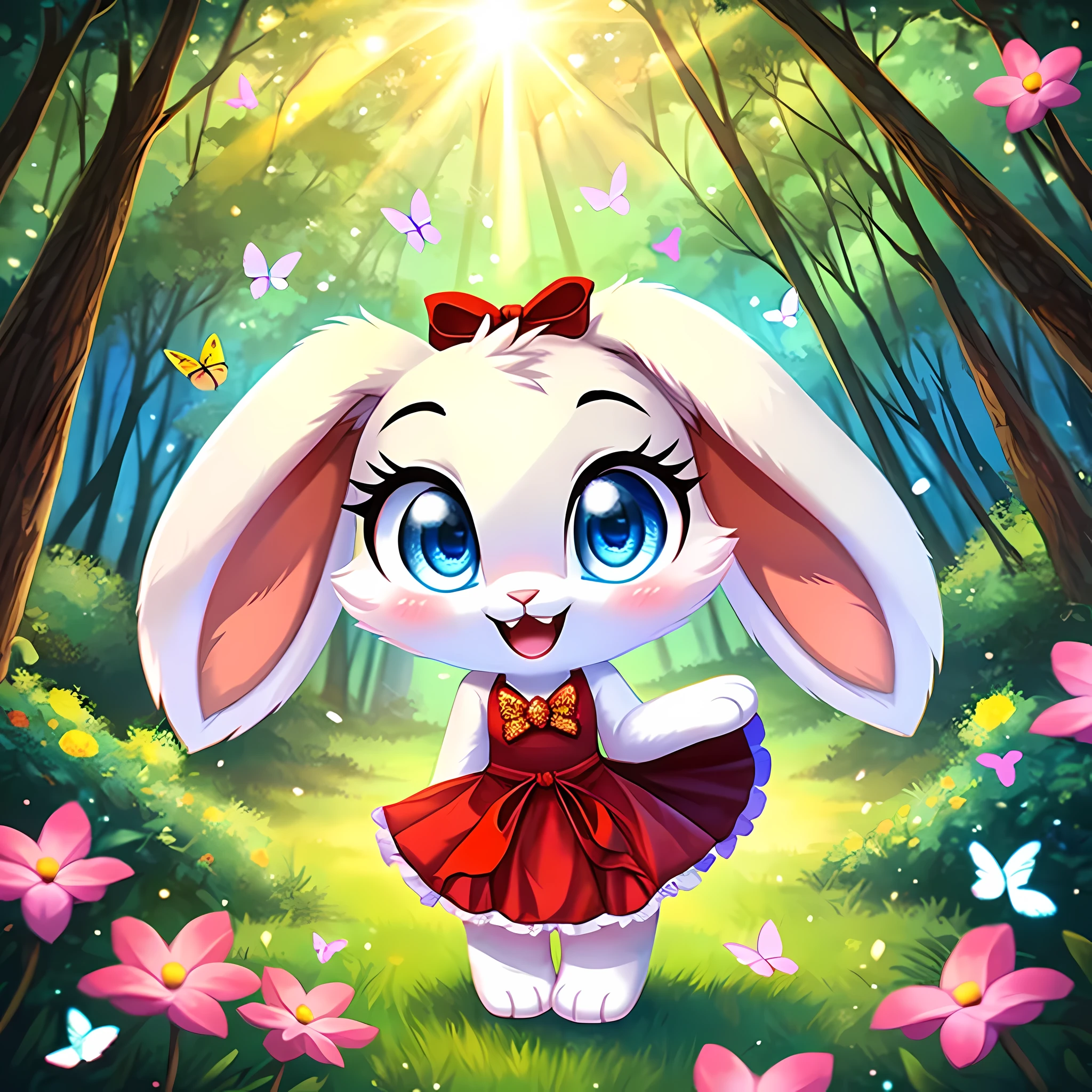 zoomed out image, ((solo character)), cute style art, fantasy style art, cute, adorable, short character, small, tiny little fluffy female white bunny with blue eyes, 4 ears, 2 extra ears, big floppy ears, long ears, ears perked up, raised ears, long eyelashes, poofy rabbit tail, wearing a red frilly ribbon dress, smiling, standing in a colorful fantasy forest, soft tones, big expressive smile, open mouth, wide eyes, excited eyes, excited face, stunning visuals, sunlight coming through the trees, flowers scattered in the bushes, butterflies in the air, digital illustration
