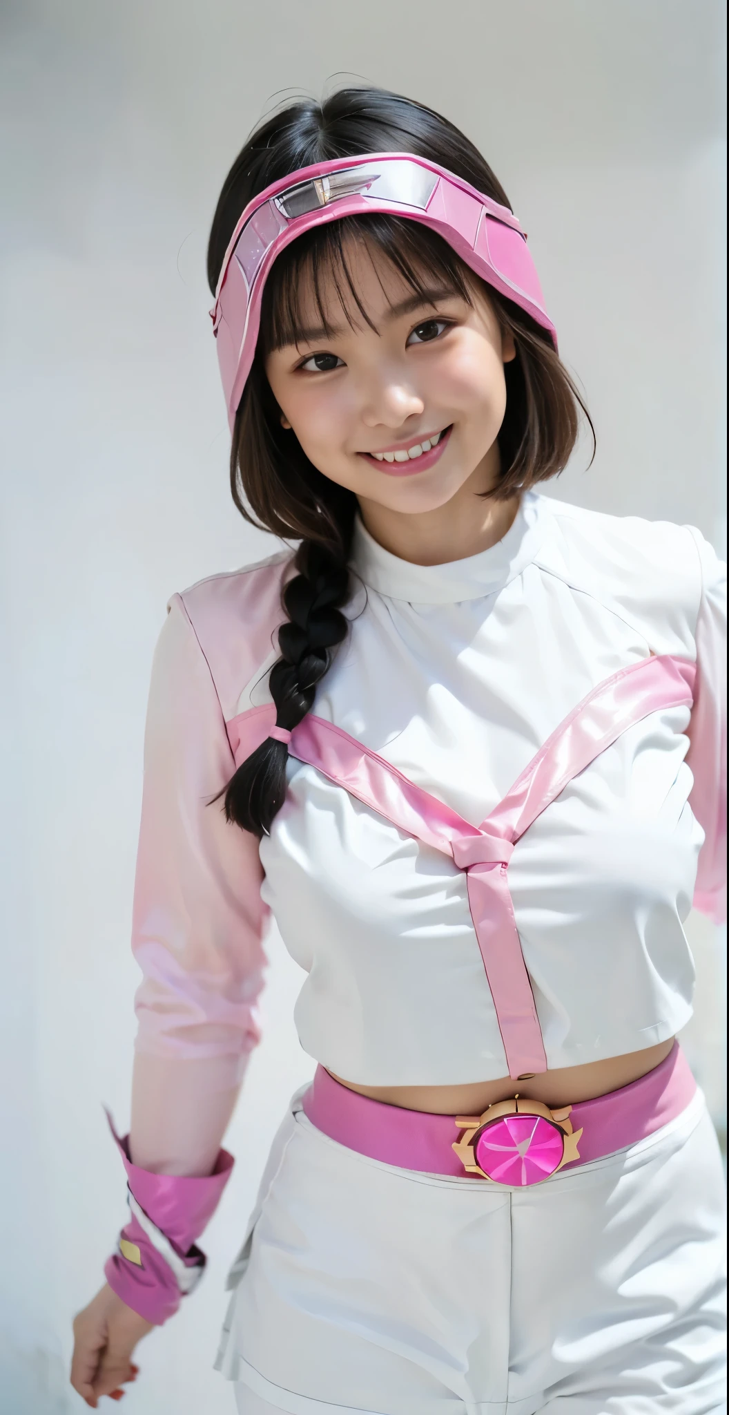 （8K、Raw photography、highest quality、masterpiece：1.2),(black haired、very short hair:1.8),(twin mitsu braid:1.how viewer,Looking at the front,erotkin,(Wearing a shiny pink ranger costume:1.9)、()、(Clothing that emphasizes the shape of your chest、publish one&#39;skin:1.7)、(big breastm body shape、ulhigh resolution,beautiful,beautiful fece,(alone、no background:1.9),whole bodyボディー,japanese woman,（Photoreal：1.37）、photon mapping,reality、(Baby-faced and cute: 1.0)、(cute smile: 1.7)、(With a round face: 1.7)、radio city、Physically based rendering、depth of field rally background、photograph, (I can see your knees,very short skirt、I can see white pants、close up of thighs:1.8),whole body、super fine