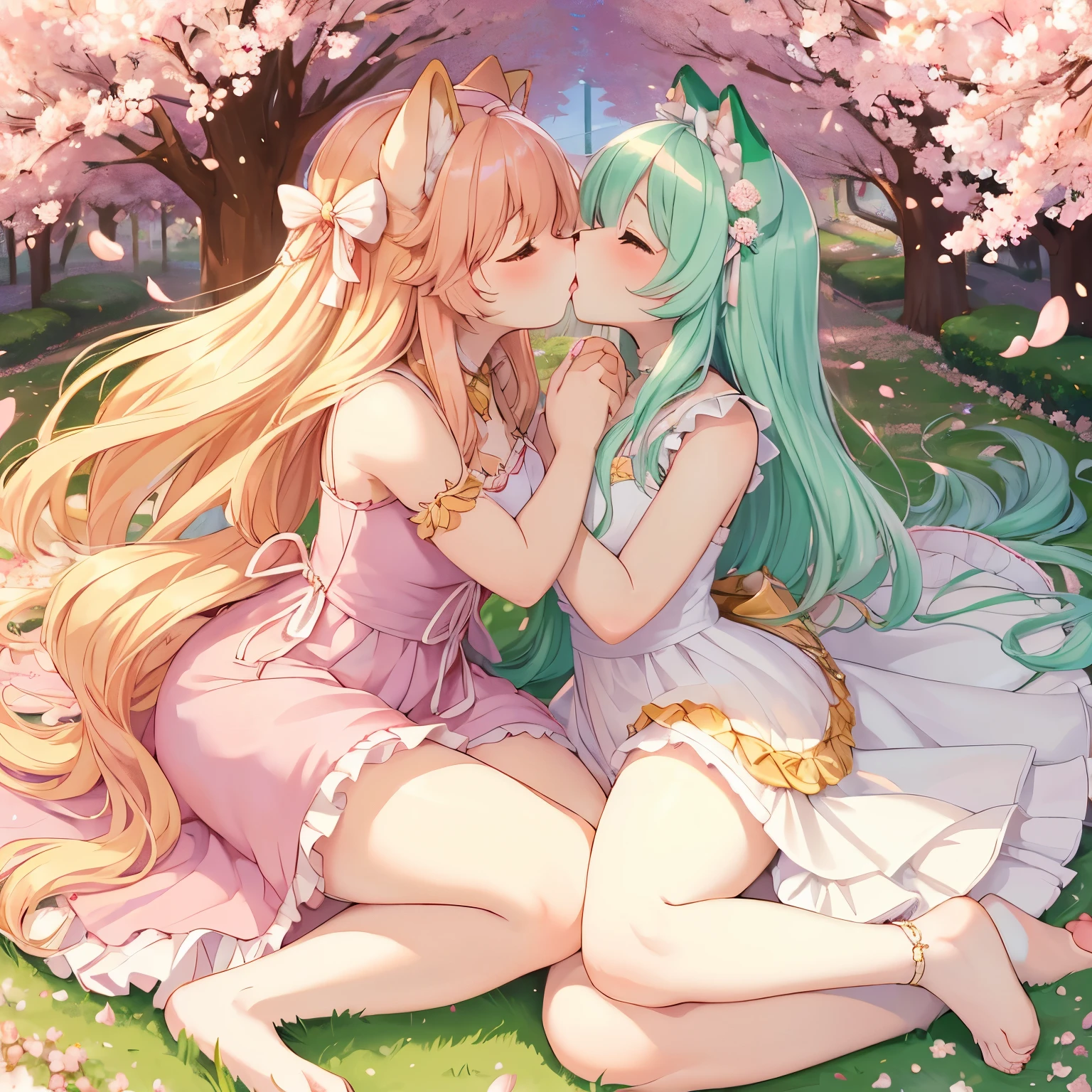 best quality,best resolution,(fluffy anthro furry :1.3),gold cat girl,mint cat girl,long hair,wavy hair,lesbians,huge sakura garden,plenty sakura petals in the air,romantic light,lesbians pose,beautiful dress with ribbon,ruffles,french kissing,