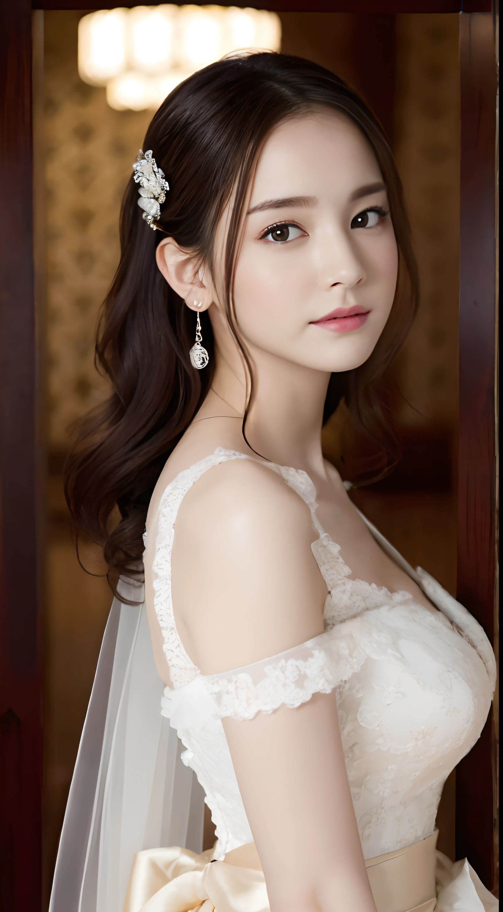 (A hyper-realistic), (hight resolution), (8K), (ighly detailed), (beatiful detailed eyes), (top-quality), (ultra-detailliert), (masterpiece), (Detailed face), selfee、faces、softfocus、japanes, Gorgeous Wedding Dress、tiarra、Western-style room、Party Venue、Daytime、Castles、face of emma watson、pose sensual、Colossal tits