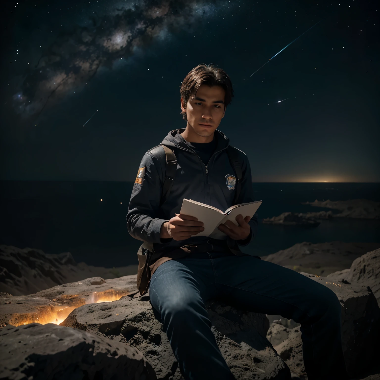 Dibuja un joven programador., sitting on a research platform floating in the middle of an asteroid belt. He is studying with a notebook., rodeado por varios asteroides que brillan con auras de fuego. Spectacular illumination of distant stars and planets illuminates the scene., proyectando sombras profundas sobre el traje. El joven parece confiado y decidido., mirando el vasto y misterioso universo con asombro y respeto,vello facial, tiro de vaquero,