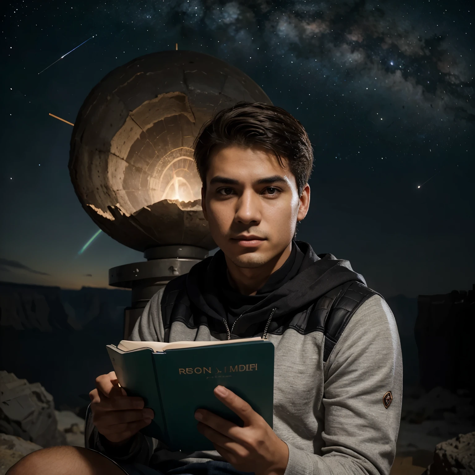 Dibuja un joven programador., sitting on a research platform floating in the middle of an asteroid belt. He is studying with a notebook., rodeado por varios asteroides que brillan con auras de fuego. Spectacular illumination of distant stars and planets illuminates the scene., proyectando sombras profundas sobre el traje. El joven parece confiado y decidido., mirando el vasto y misterioso universo con asombro y respeto,vello facial, tiro de vaquero,