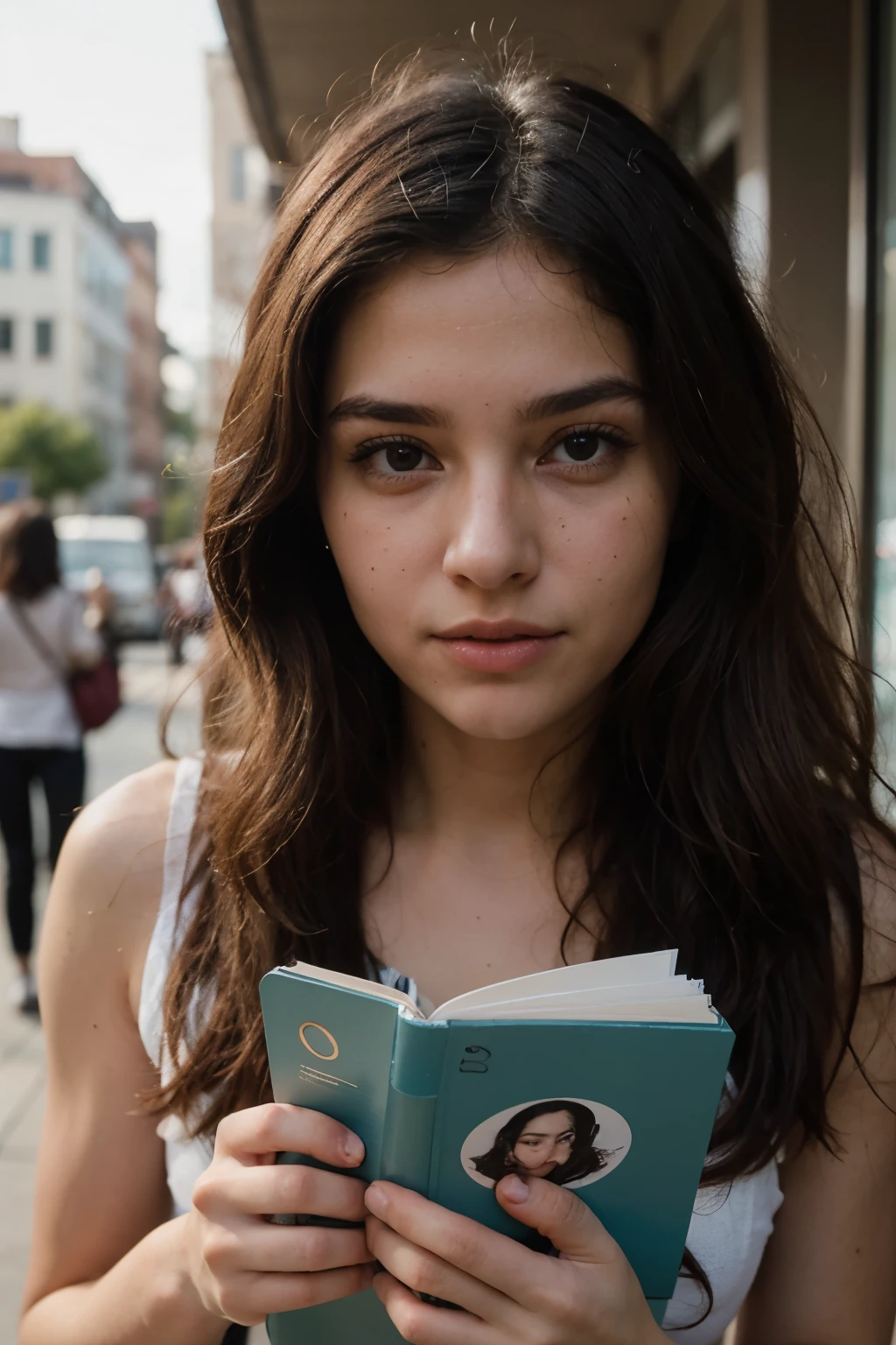 The camera focuses on a 20-year-old woman in a vibrant urban environment, with the evening light bathing his face. His gaze reflects determination and curiosity., mientras sostiene un libro entre sus manos, symbolizing your thirst for knowledge and exploration at this crucial stage of your life. Behind her, los rascacielos se elevan hacia el cielo, representing the infinite possibilities and dreams that wait to be achieved. La brisa juega con su cabello, adding a touch of dynamism to the scene. This photo captures the energy and beauty of youth, inviting you to reflect on the power of determination and the search for personal fulfillment at 20 years old.