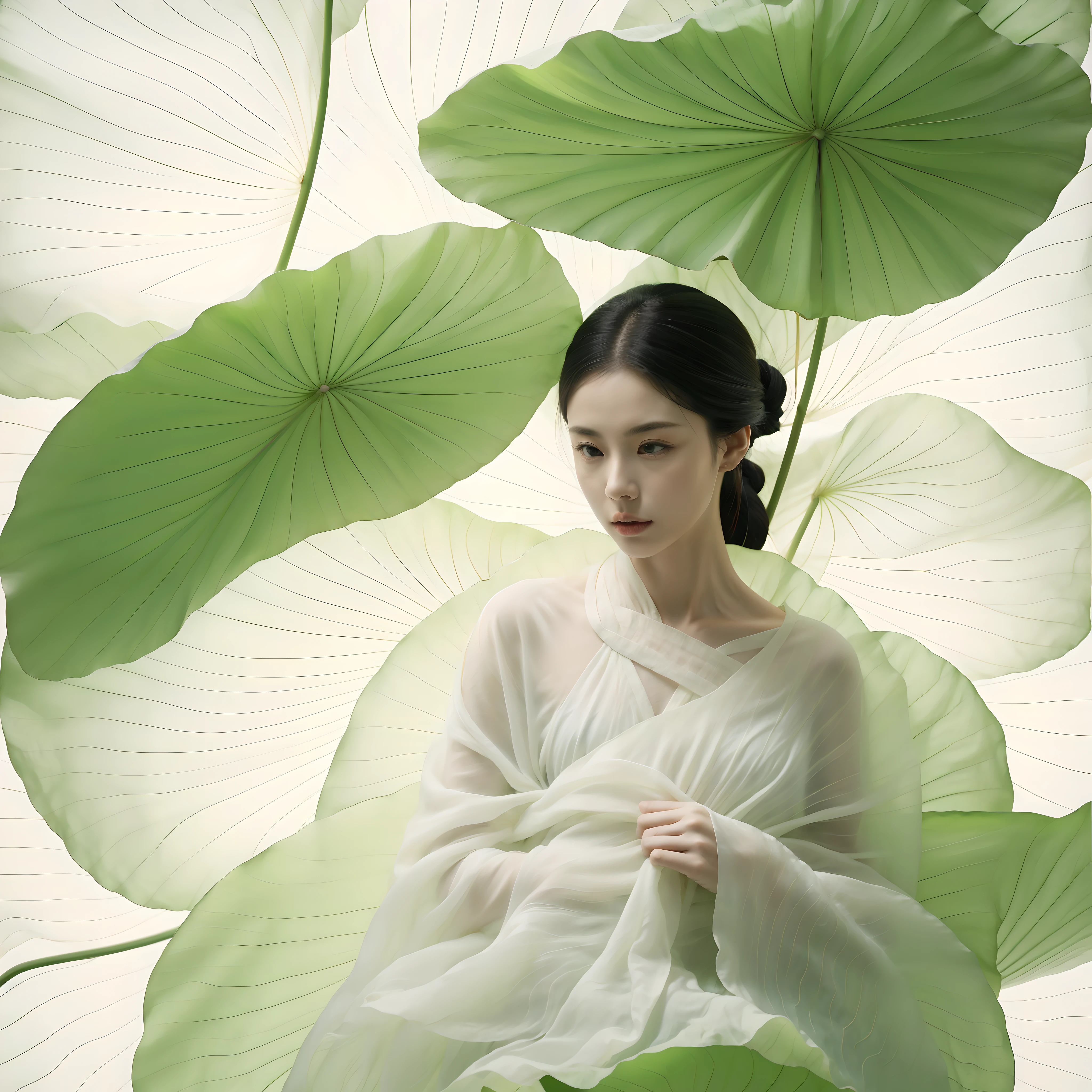 There is a woman holding a fan in front of a big leaf, Inspired by Tang Yifen, Inspired by Tang Yin, palace ， girl wearing hanfu, jingna zhang, Inspired by Qiu Ying, Inspired by Zhang Yin, Chinese beauty, Inspired by Gu An, Inspired by Zhang Wo, Inspired by Chen Yifei, Inspired by Huang Ji