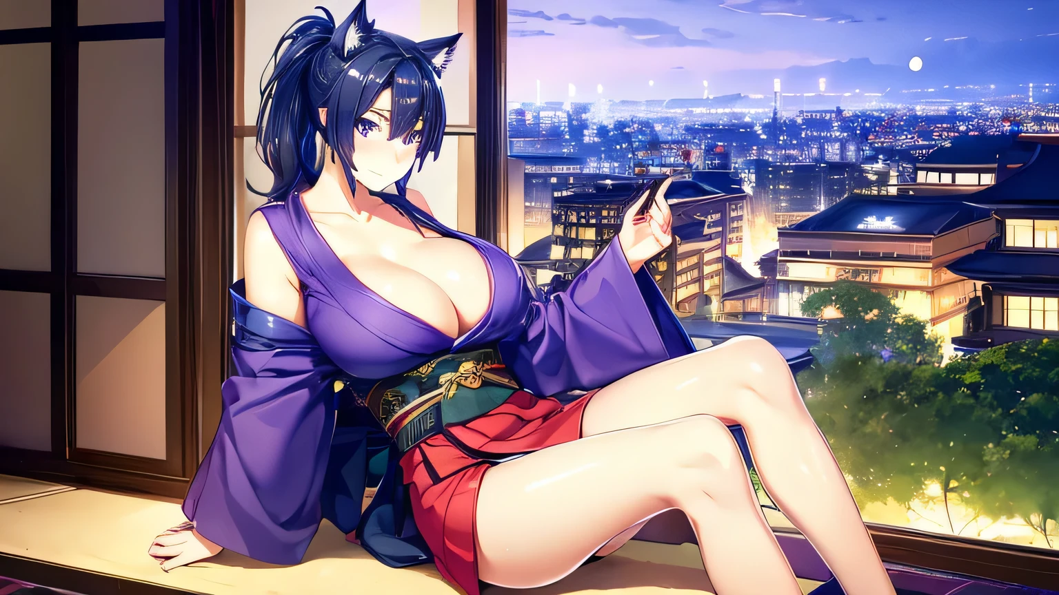 1 girl , alone ,Taisho Modern、big breasts、deep cleavage、 greenish black hair、ponytail、fox ears、Brightly colored eyes、blue eyes、sunglasses、Dark purple kimono、red hair ornament、light purple long hakama、leather boots、Headphones around the neck、sunglasses、flashy necklace、sexy、charm、Wet、face turns red , sitting、Night city seen from the window