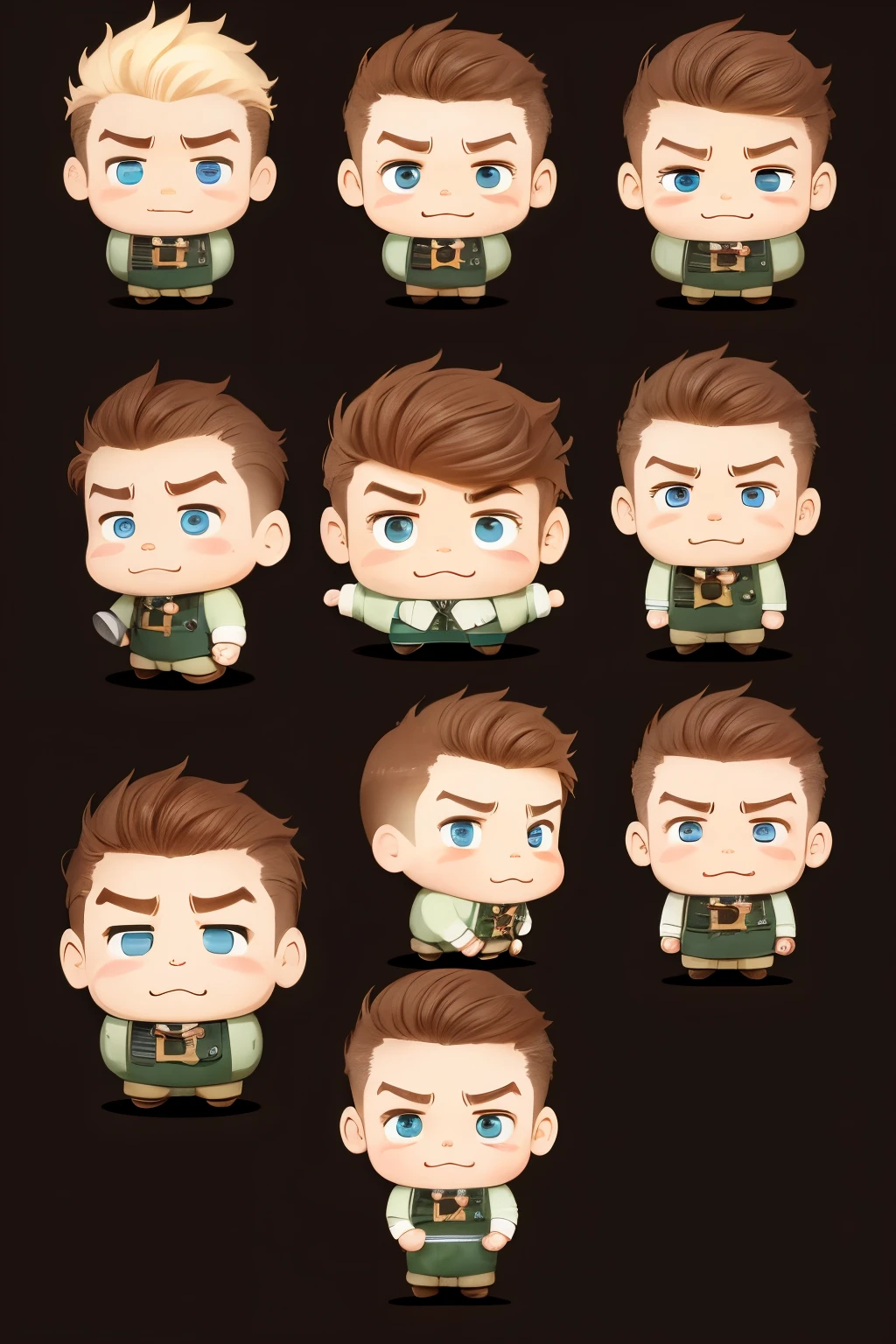 Chibi doll characters, cute caricatures of men with oversized heads and big, expressive eyes. The delightful expressions on their faces add to their charm, making them irresistibly adorable.