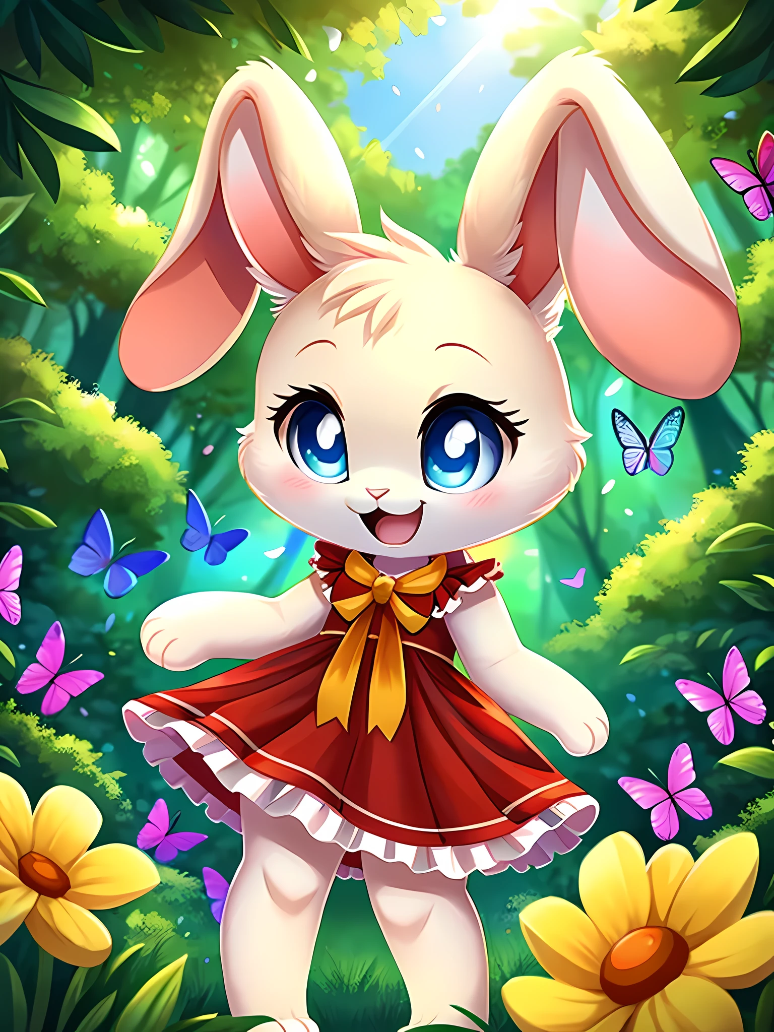 zoomed out image, ((solo character)), cute style art, fantasy style art, cute, adorable, short character, small, tiny little fluffy female white bunny with blue eyes, 4 ears, 2 extra ears, big floppy ears, long ears, ears perked up, raised ears, long eyelashes, poofy rabbit tail, wearing a red frilly ribbon dress, smiling, standing in a colorful fantasy forest, soft tones, big expressive smile, open mouth, wide eyes, excited eyes, excited face, stunning visuals, sunlight coming through the trees, flowers scattered in the bushes, butterflies in the air, digital illustration